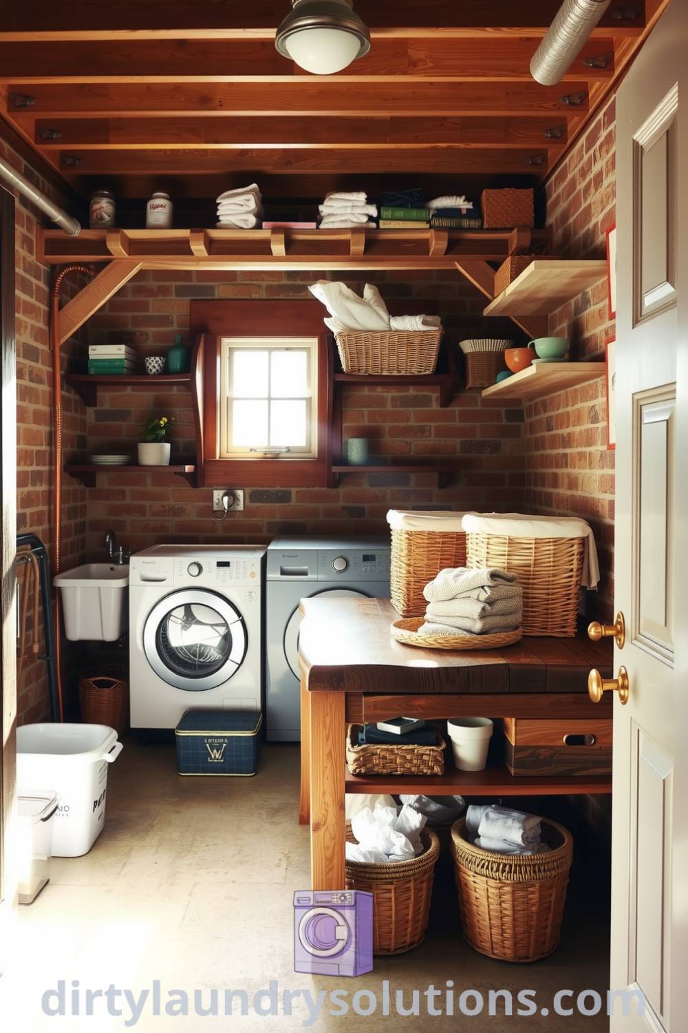 Cozy basement laundry retreat with exposed brick walls, vintage folding table, and woven baskets for organization, creating a warm and inviting atmosphere. Discover unique ideas for your home at dirtylaundrysolutions.com.