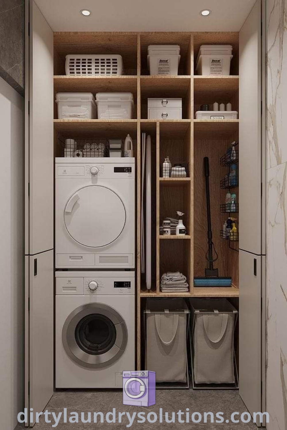 A cozy laundry area with a washer and dryer in a small room, complemented by shelves on the wall, ideal for compact spaces. Discover unique laundry room solutions and design ideas for your home at dirtylaundrysolutions.com.