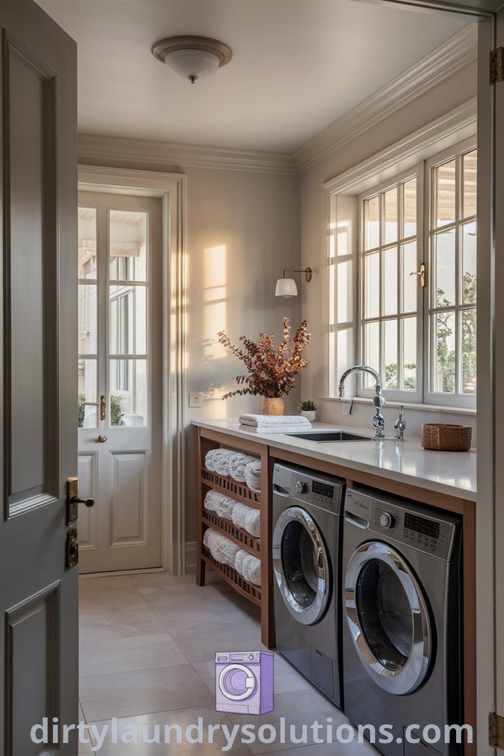 A modern laundry room featuring a washer and dryer with plenty of natural light from large windows, designed with contemporary and European farmhouse aesthetics. Discover cozy ideas for your home and laundry room inspirations at dirtylaundrysolutions.com.