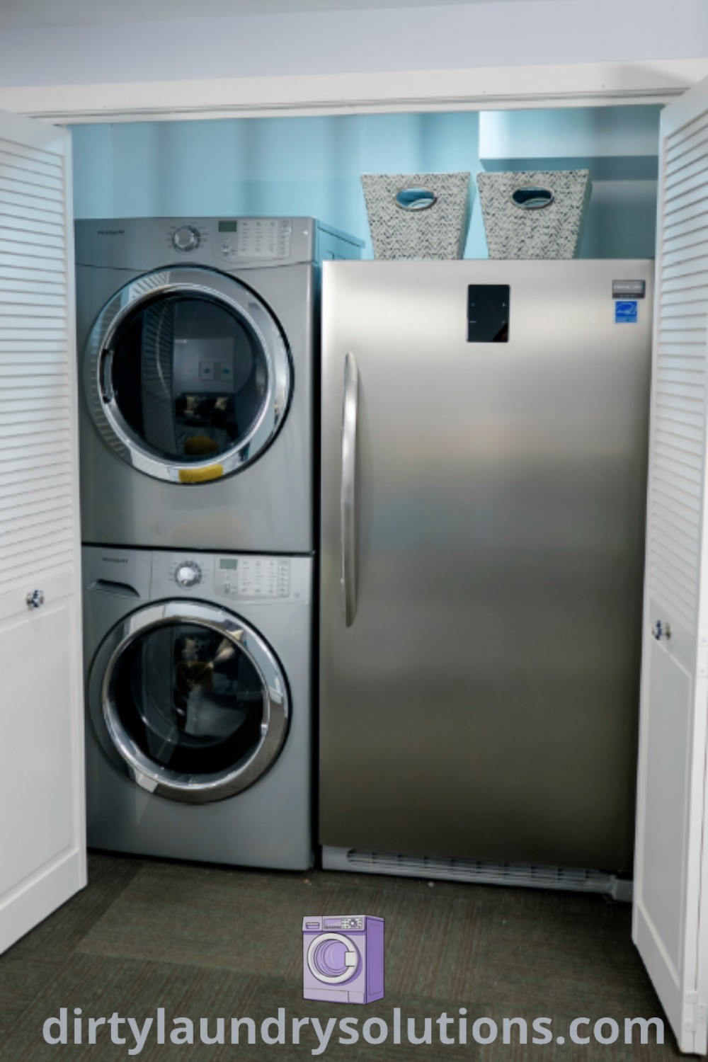 A cozy laundry room featuring a washer and dryer with an upright freezer, illustrating effective organization ideas and enhancing functionality for busy homes. Discover more design ideas and unique solutions at dirtylaundrysolutions.com.