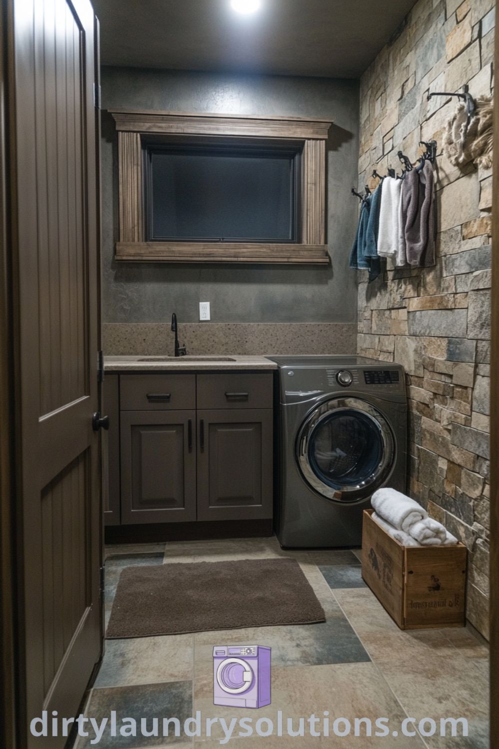 Washer and dryer room featuring a cozy pet shower with a handheld sprayer, illuminated by soft light and adorned with vintage-style fixtures and sturdy cabinetry. Discover inspiring cozy ideas for your home at dirtylaundrysolutions.com.