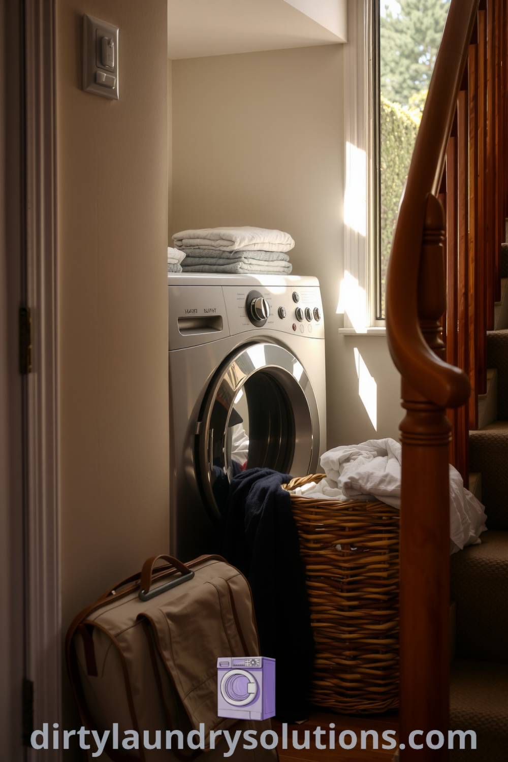 Cozy laundry nook beside a staircase with worn washer and dryer, a woven basket of folded clothes, and soft sunlight illuminating the warm wooden tones. Discover inspiring ideas for your home at dirtylaundrysolutions.com.