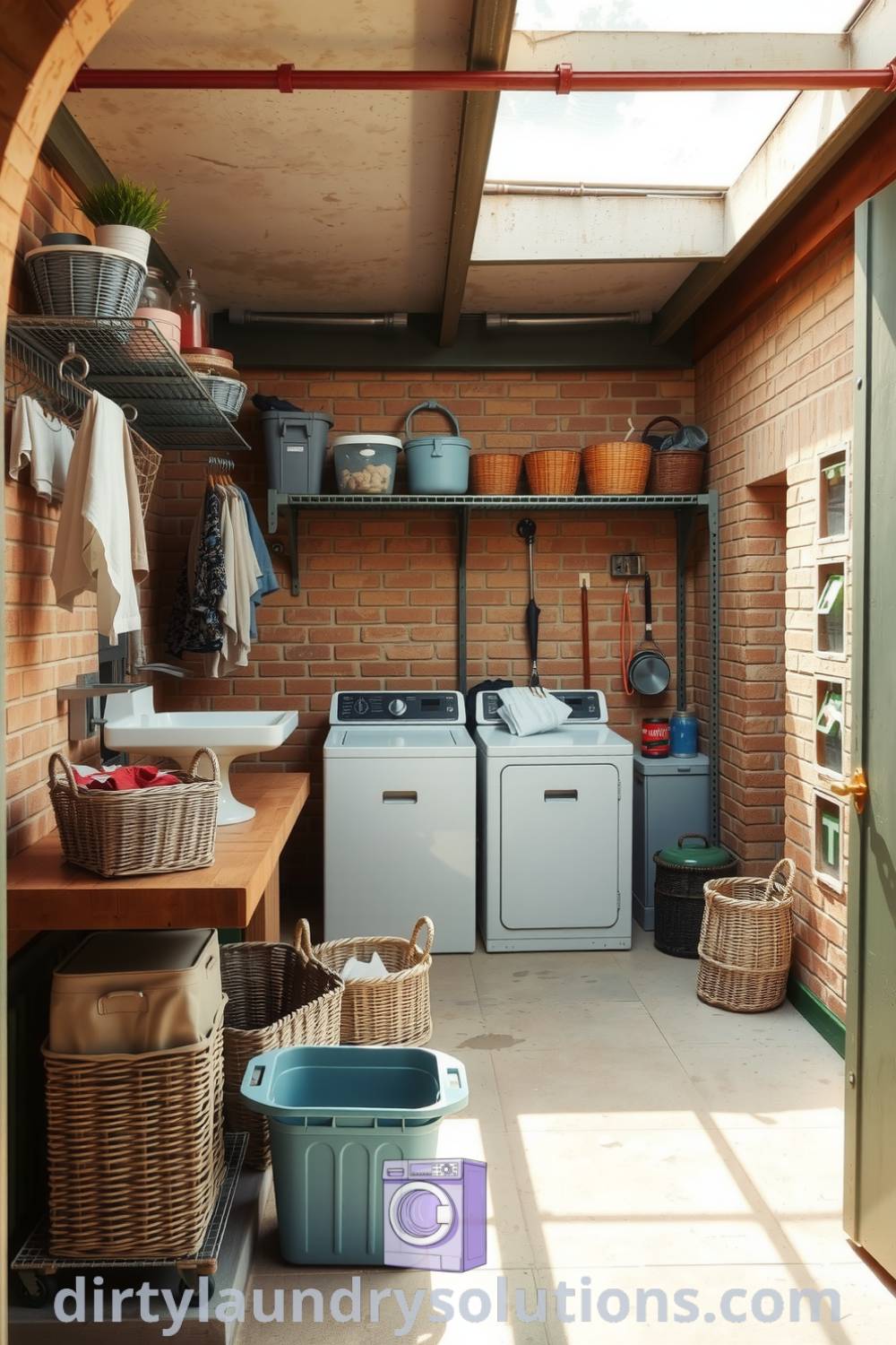 Cozy laundry courtyard with weathered brick walls, sturdy metal shelving, mismatched baskets, and sunlight streaming from a skylight, creating an inviting atmosphere for practical organization ideas. Discover more inspiring ideas for your home at dirtylaundrysolutions.com.