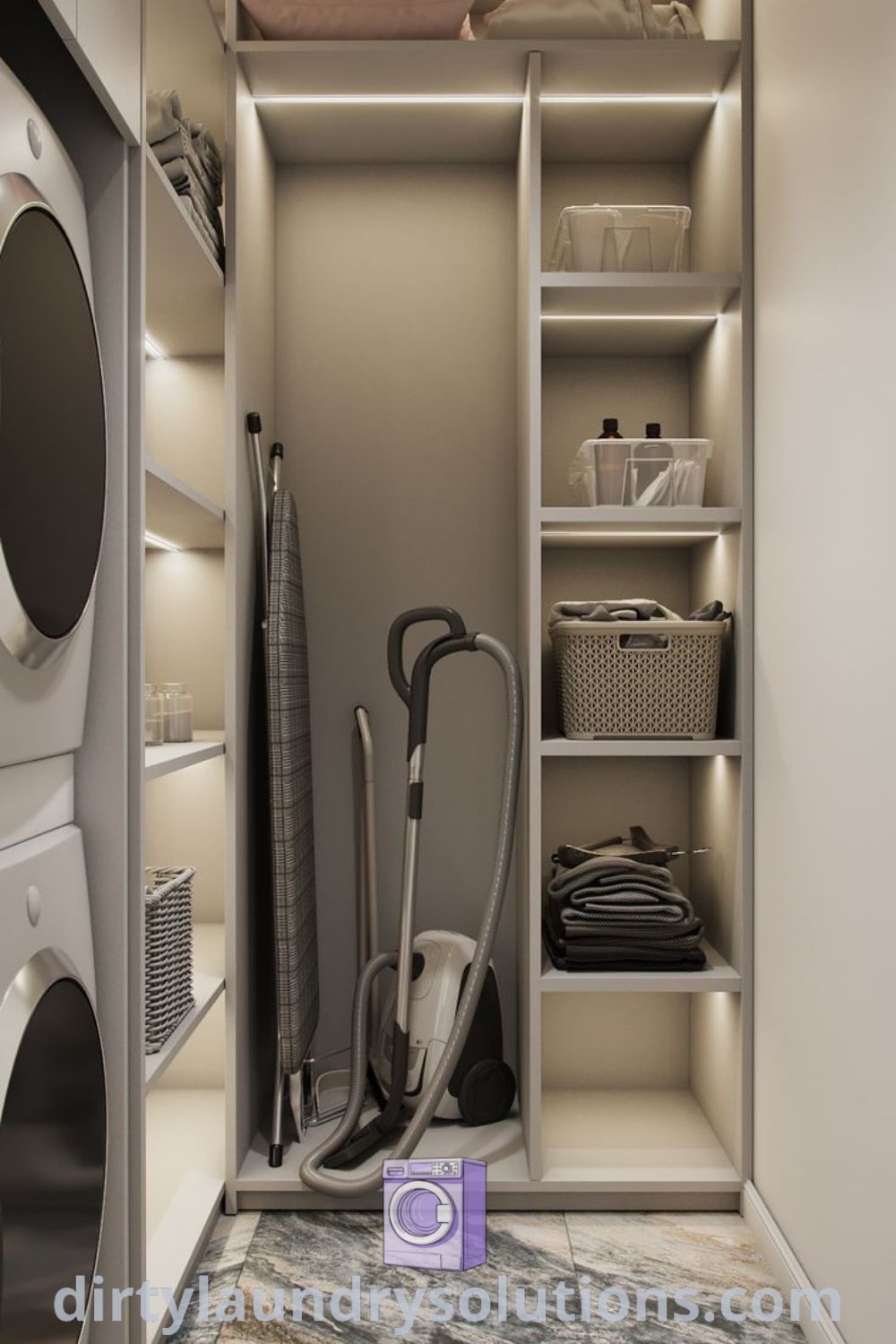 An empty washer and dryer in a closet with organized clothes on wall shelves, showcasing modern laundry room designs and storage solutions at dirtylaundrysolutions.com.
