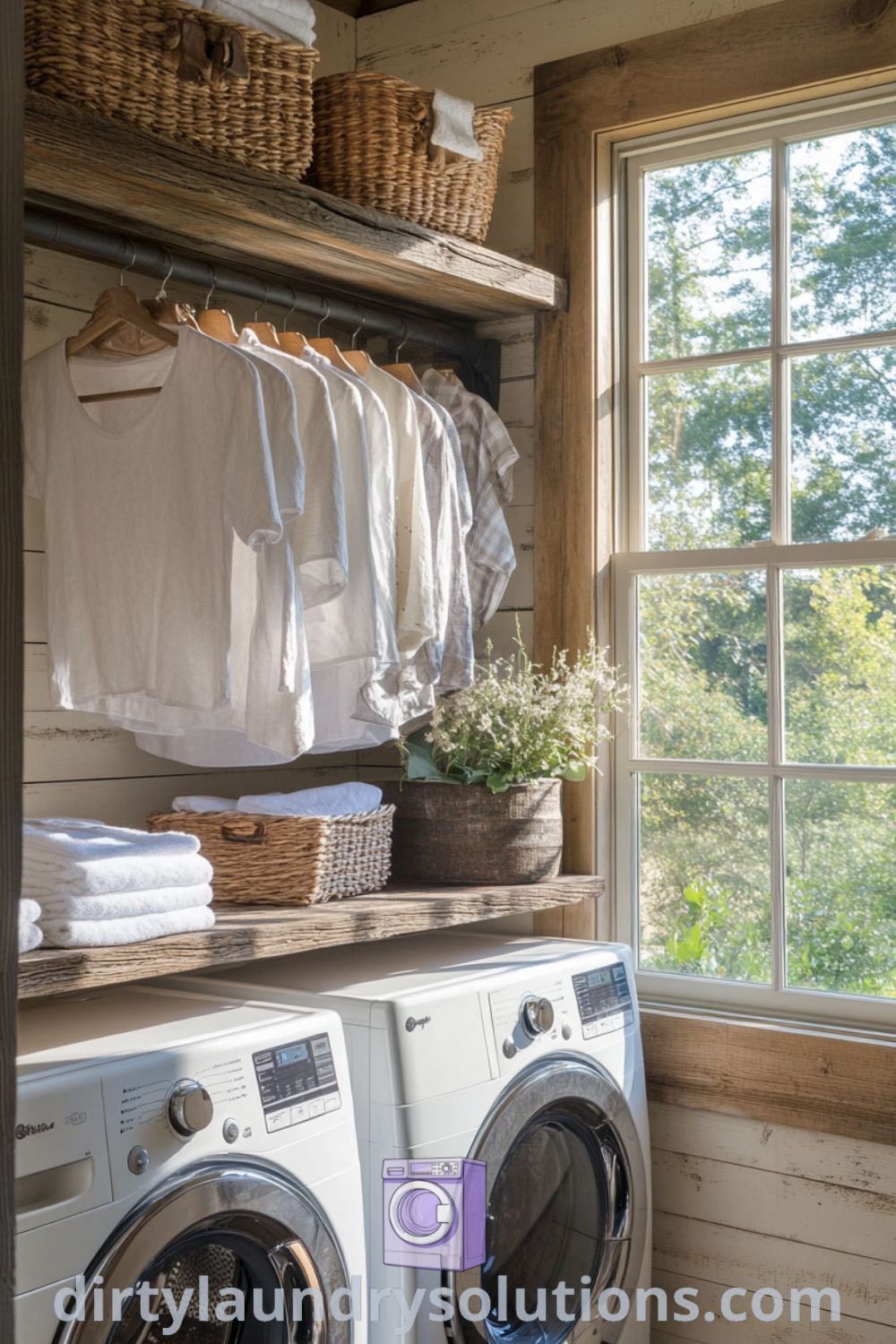 Cozy farmhouse laundry room showcasing weathered wood shelves, folded towels, a clothes rack with garments, and sunlight illuminating rustic textures, creating an inviting atmosphere. Discover more inspiring ideas for your home at dirtylaundrysolutions.com.