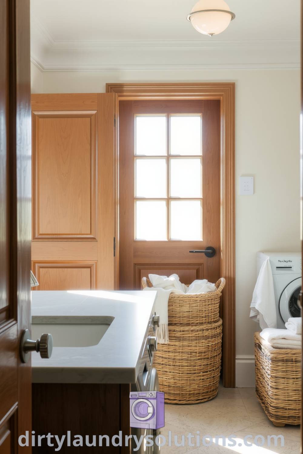 Elegant hidden laundry room featuring sleek stone countertops, a woven basket of fresh linens, and muted decor tones, showcasing a tranquil atmosphere with refined design ideas for your home. Explore more unique ideas at dirtylaundrysolutions.com.
