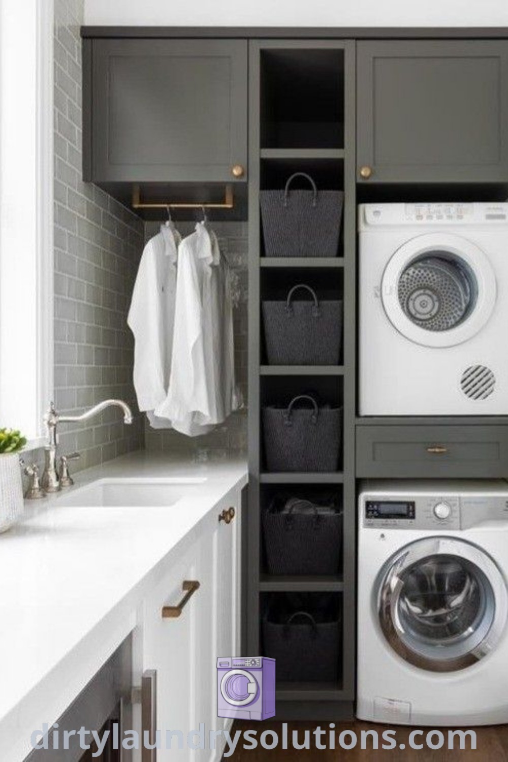 A laundry room featuring a washer and dryer in the corner with gray cabinets, reflecting 1970s house renovation aesthetics. Discover inspiring design ideas and solutions for small spaces at dirtylaundrysolutions.com.