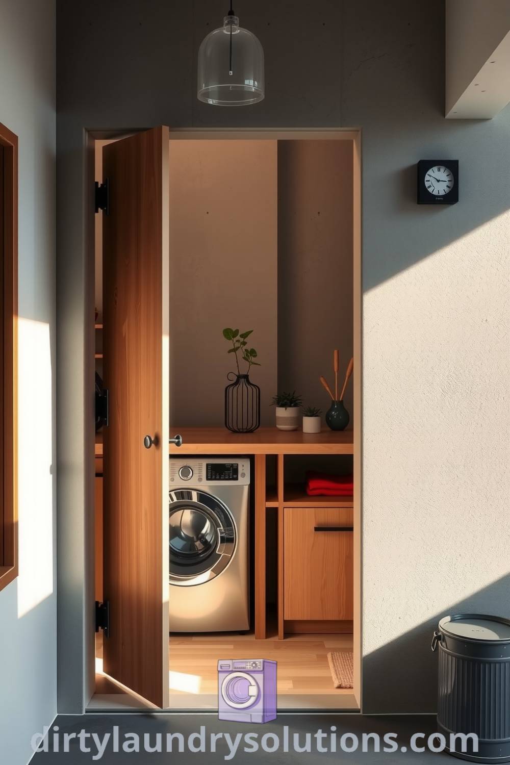 Laundry nook featuring a sleek washer and dryer under a pale wood countertop, textured concrete wall, potted plants, and harmonious Japandi design. Discover inspiring ideas for small spaces at dirtylaundrysolutions.com.