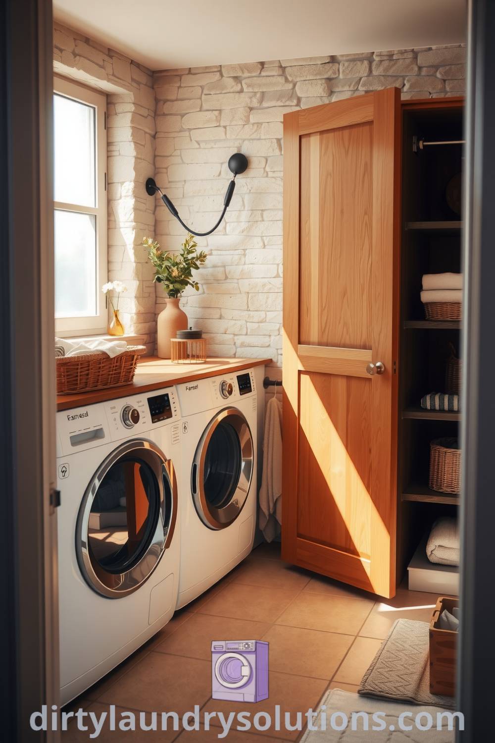 Cozy bathroom laundry retreat featuring warm wooden cabinetry, textured stone walls, and soft hues illuminated by natural light. Explore inspiring ideas for your home at dirtylaundrysolutions.com.