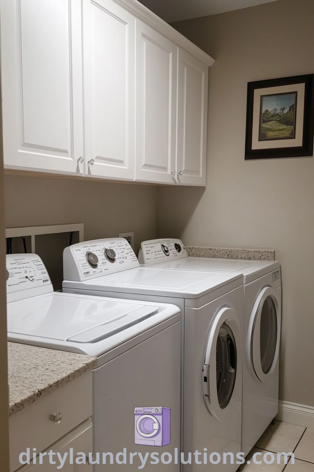 Cozy laundry room with white cabinets, well-used washer and dryer, and a fresh linen scent, providing practical inspiration for small spaces and ideas for busy homes. Discover more unique ideas for your home at dirtylaundrysolutions.com.