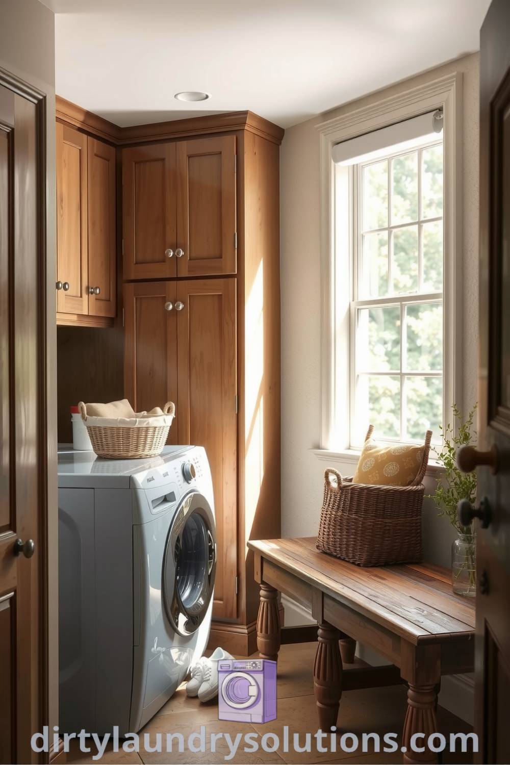 Cozy laundry hallway with wooden cabinets, rustic bench, neatly arranged baskets, and warm light, showcasing a charming and inviting atmosphere. Explore inspiring ideas for small spaces at dirtylaundrysolutions.com.