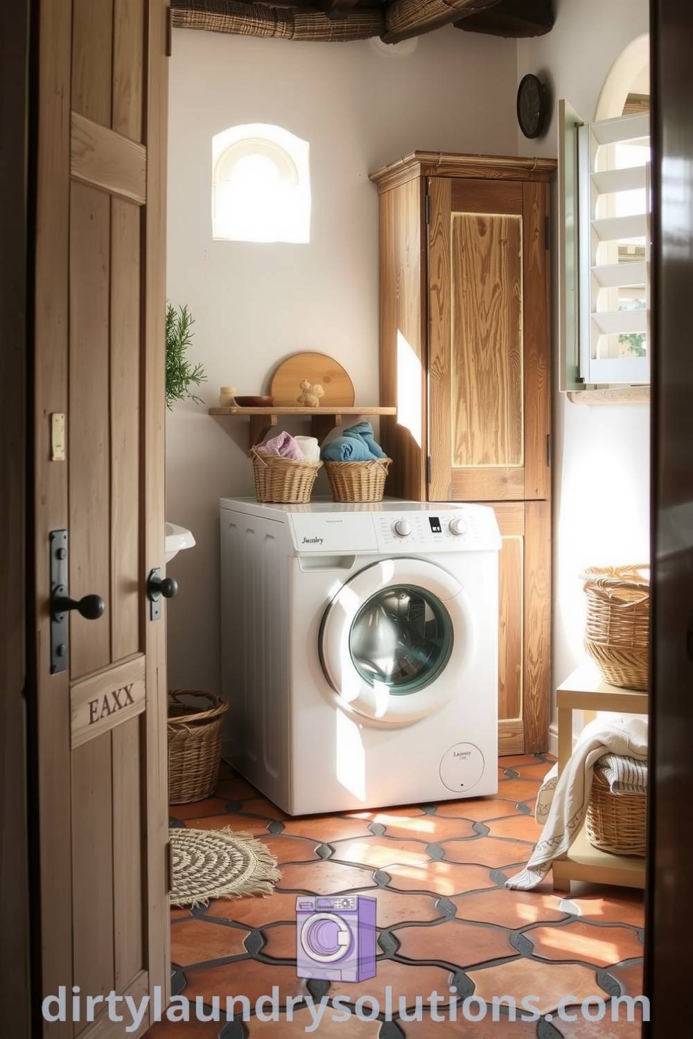 Mediterranean-inspired laundry with terracotta tiles, weathered wood cabinetry, arched windows, and woven baskets for organization. Discover unique ideas and inspirations for your home at dirtylaundrysolutions.com.
