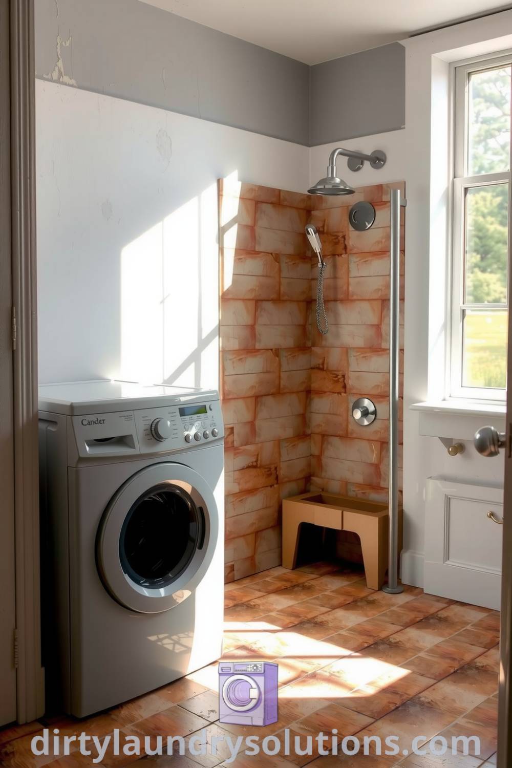 Cozy laundry area with a compact washer and dryer, stylish pet wash shower, textured tiles, and natural light creating an inviting atmosphere. Discover inspiring ideas for your home at dirtylaundrysolutions.com.