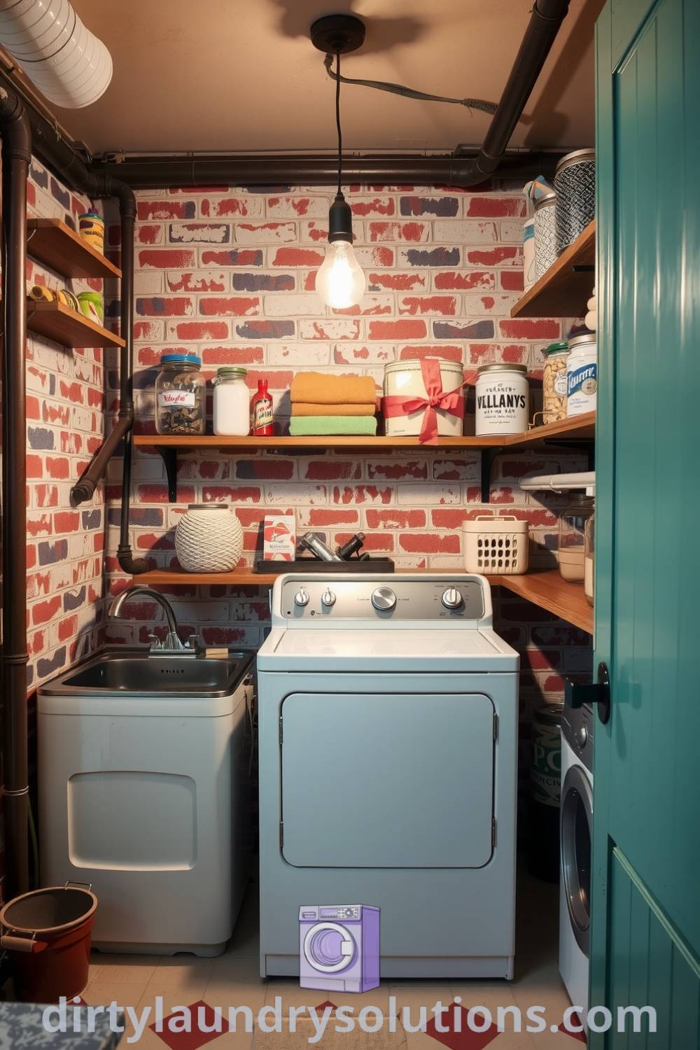 Retro basement laundry featuring exposed brick walls, vintage decor, warm lighting, and a stack of colorful towels, creating a cozy aesthetic perfect for small spaces. Discover unique ideas for your home at dirtylaundrysolutions.com.