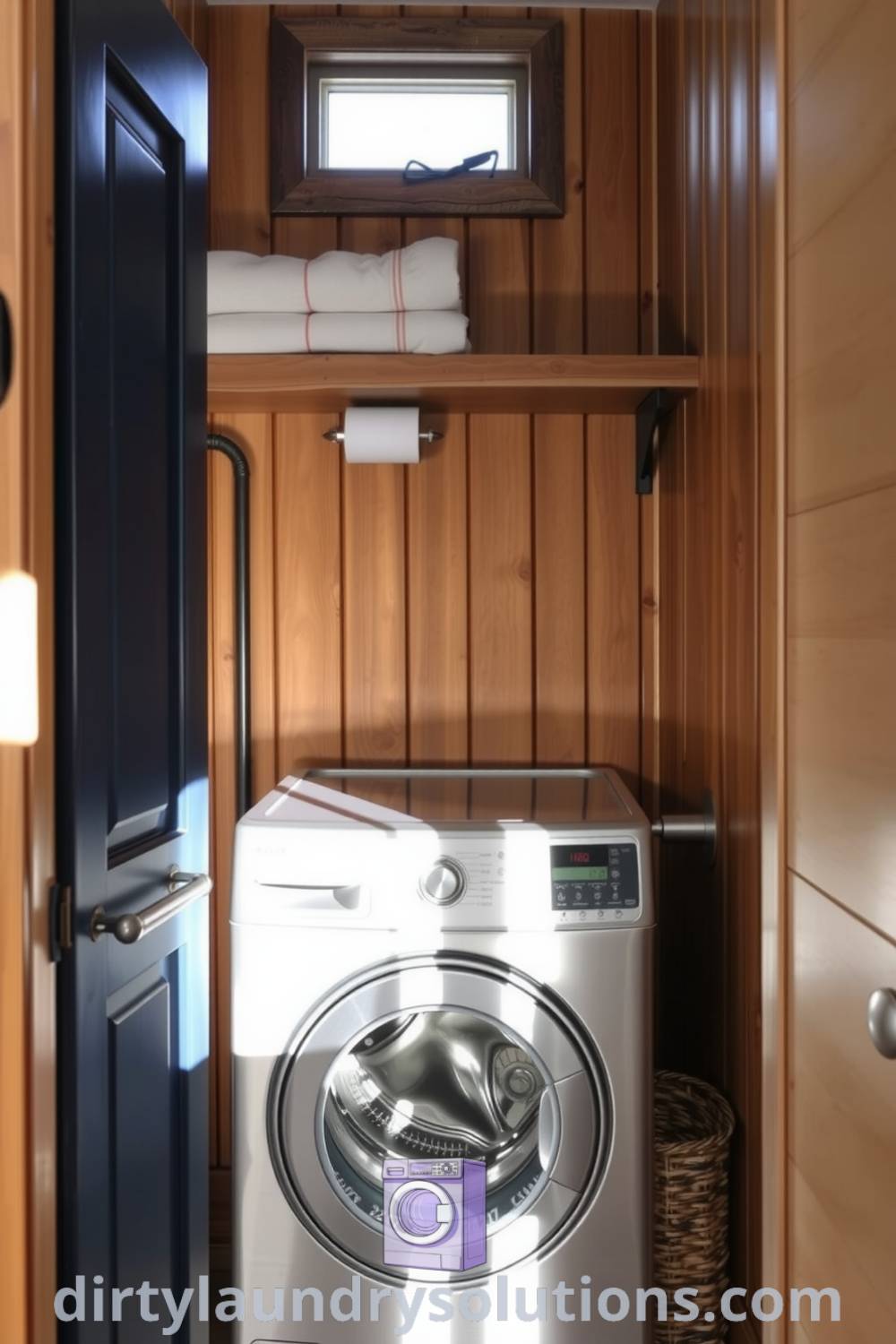 Cozy laundry area featuring warm wood paneling, brushed metal surfaces, soft natural light, open shelving with linens, and a woven basket, perfectly balancing functionality and comfort. Explore inspiring ideas for your home at dirtylaundrysolutions.com.