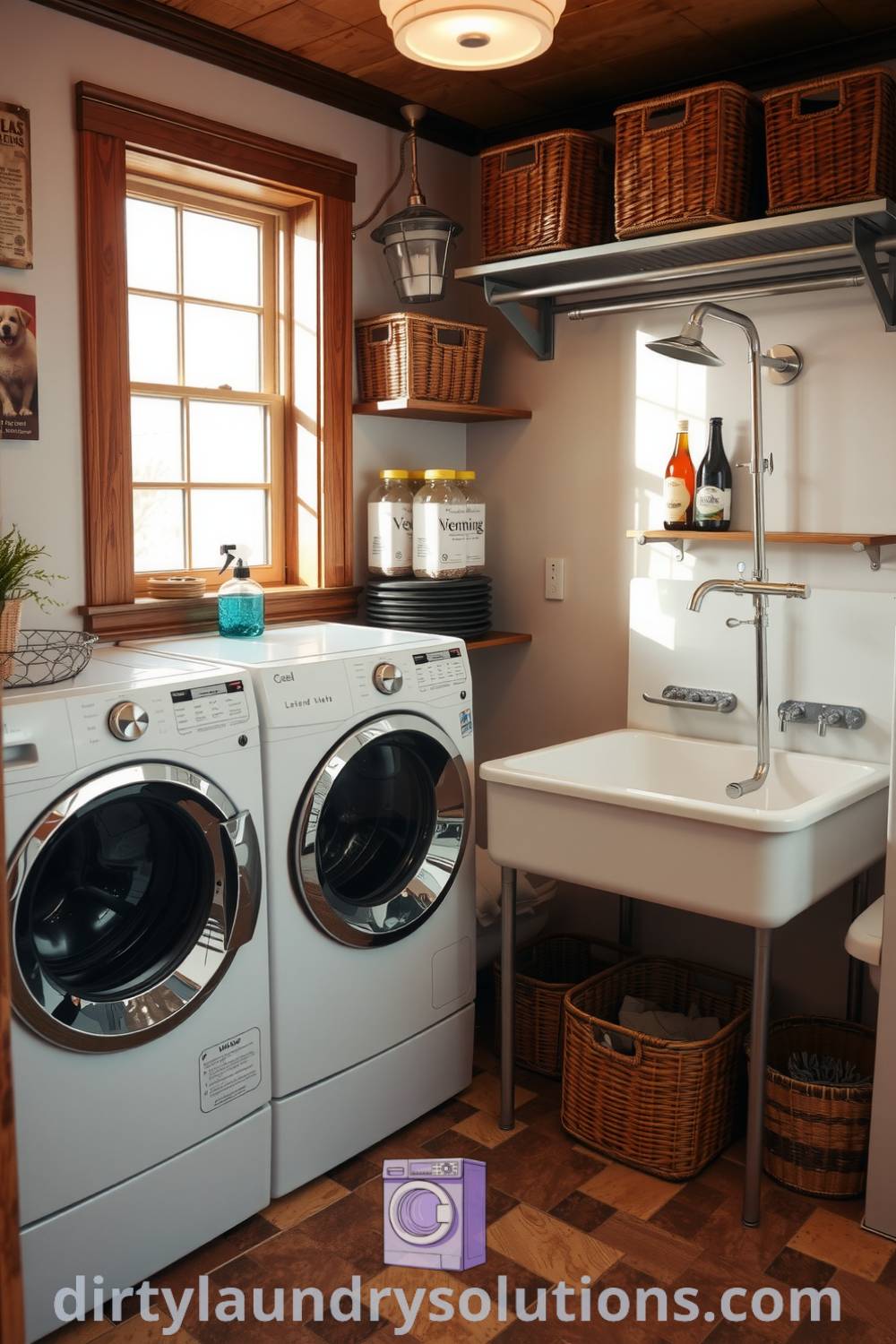 Cozy laundry room with worn washer and dryer, pet wash shower, textured tiles, and warm sunlight, creating an inviting and practical space filled with organization ideas for busy homes. Discover more cozy ideas for your home at dirtylaundrysolutions.com.