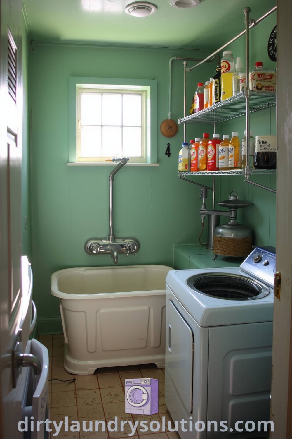 Cozy retro basement laundry with vintage metal shelves, faded mint green walls, and a utilitarian wash tub, creating an inviting and nostalgic atmosphere. Explore inspiring ideas for your home at dirtylaundrysolutions.com.