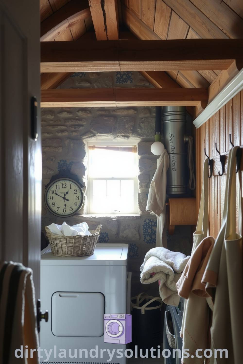 Hidden laundry nook in a cozy cottage featuring exposed wooden beams, soft light from a textured window, and a basket of freshly laundered linens, enhancing its rustic charm and inspiration for small spaces. Discover more cozy ideas for your home at dirtylaundrysolutions.com.