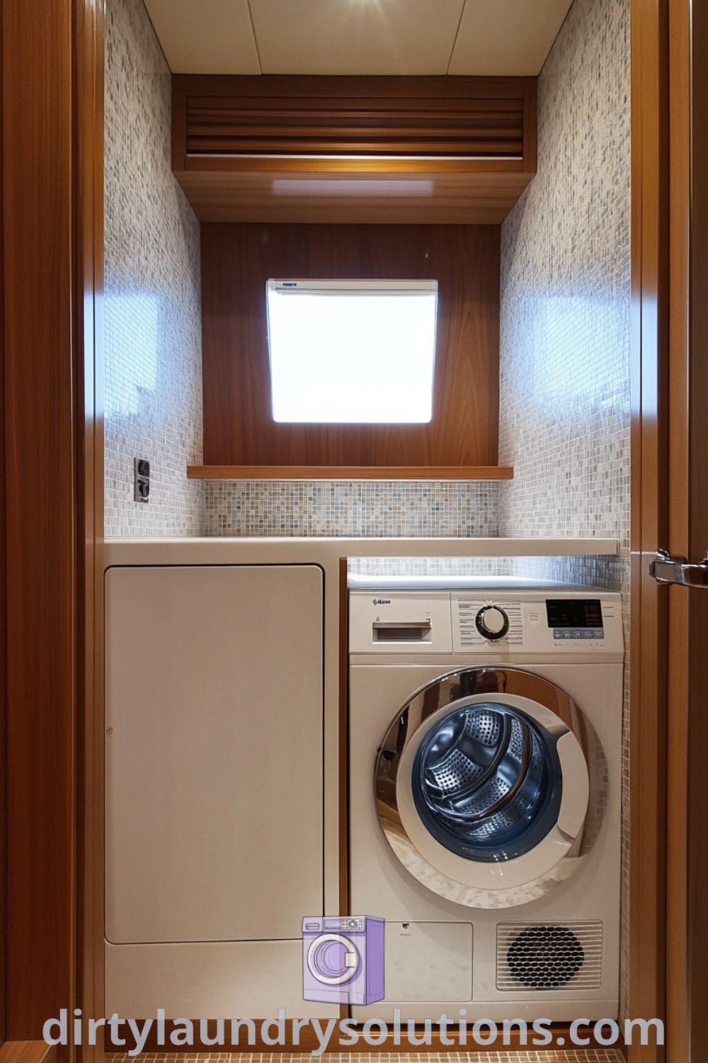 Warm and inviting laundry room featuring a sleek washer, dryer, Pet Wash Shower, ceramic tiles, and wooden accents, creating an inspiring atmosphere for busy homes. Discover unique ideas for your home at dirtylaundrysolutions.com.