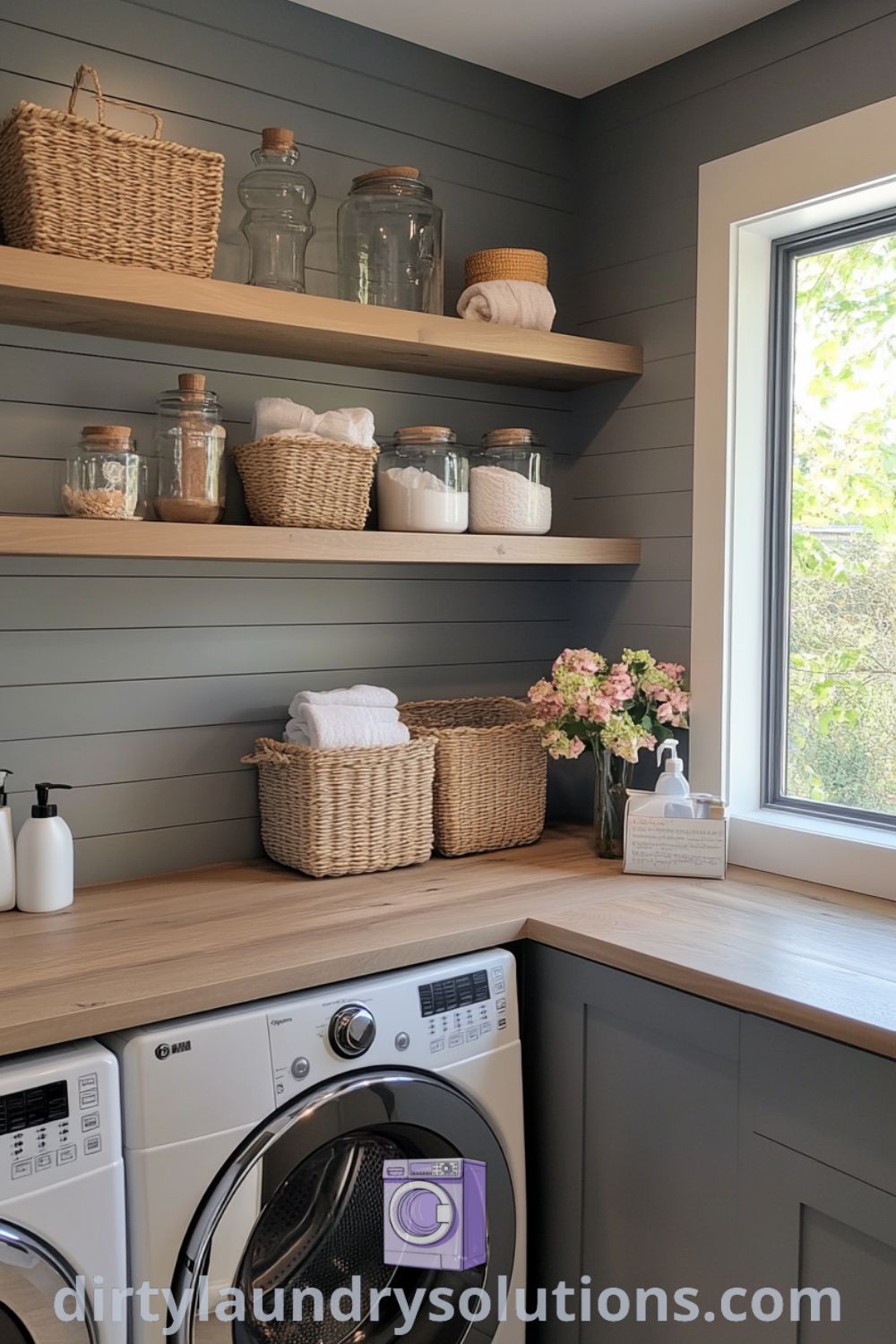 Laundry room with washer and dryer between warm wooden shelves, colorful detergent jars, and soft gray walls, illuminated by natural light. Explore cozy ideas and inspiring solutions for your home at dirtylaundrysolutions.com.