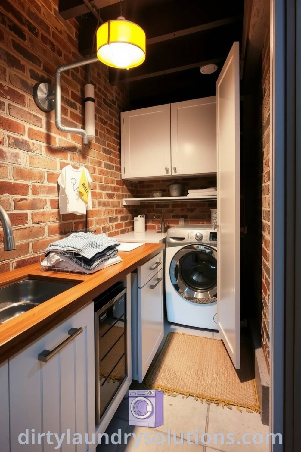 Cozy basement laundry design featuring exposed brick walls, sleek metal fixtures, a sturdy wooden countertop, and warm lighting that creates an inviting atmosphere. Discover inspiring ideas for your home at dirtylaundrysolutions.com.