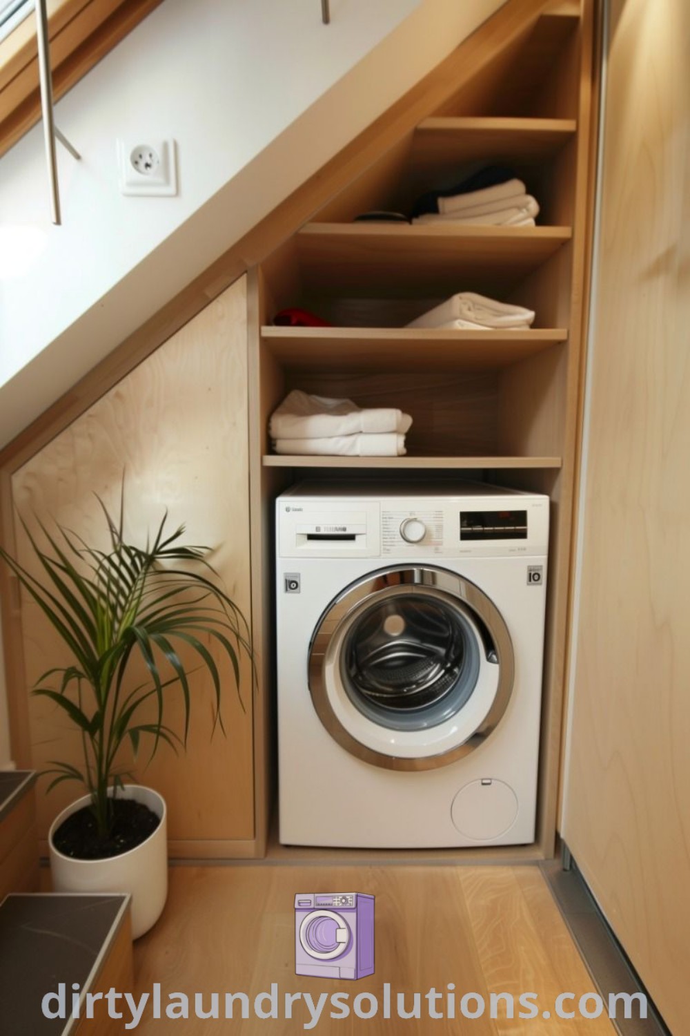 A cozy under stair laundry room with a washer and dryer, showcasing inspiring solutions for small spaces. Discover practical ideas for your home at dirtylaundrysolutions.com.