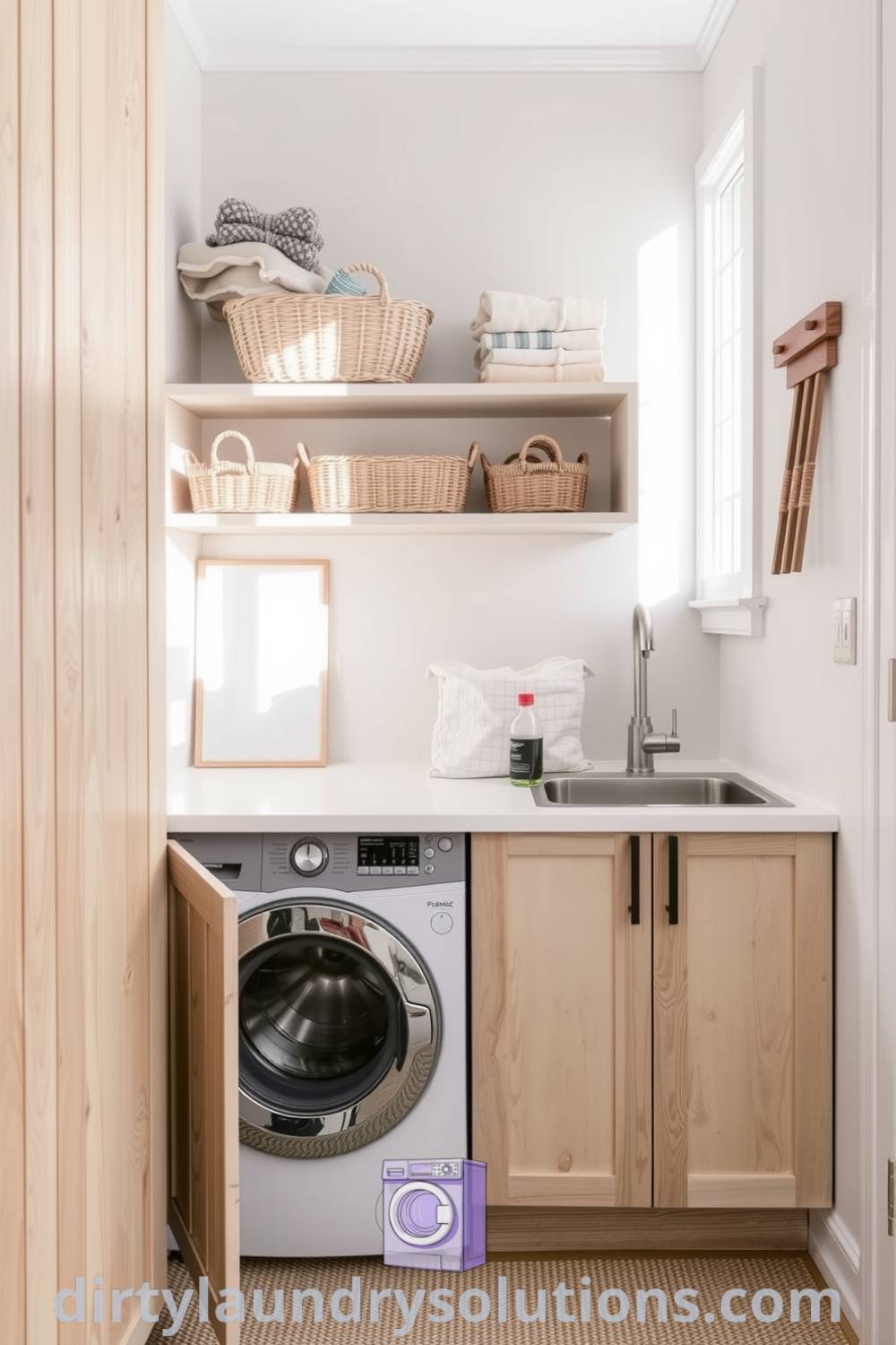 Scandinavian-inspired laundry area featuring pale wood cabinets, a compact washer and dryer, open shelves with neatly arranged baskets, and natural light filtering through a small window, creating a cozy and functional atmosphere. Explore unique ideas for your home at dirtylaundrysolutions.com.