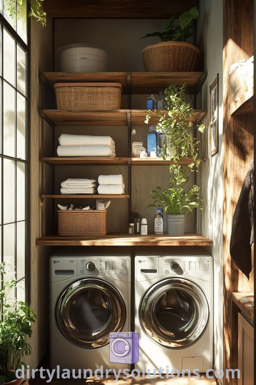Cozy laundry room featuring stacked washer and dryer between rustic wooden shelves with organized supplies and potted plants, illuminated by natural light for an inviting atmosphere. Explore design ideas for your home at dirtylaundrysolutions.com.