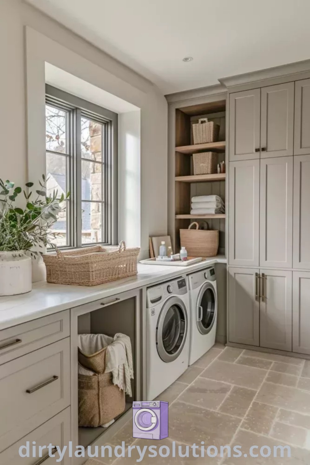 A laundry room with a washer and dryer next to a window, featuring lots of storage, surrounded by decor ideas that enhance functionality. Discover refreshing solutions and inspirations for your home at dirtylaundrysolutions.com.