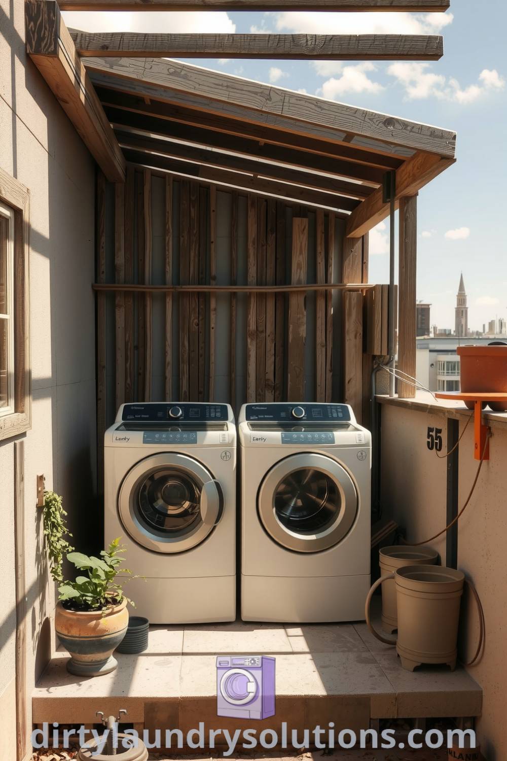 Rooftop laundry area with rustic wooden beams, vintage washers and dryer, surrounded by potted plants, creating a cozy aesthetic and tranquil atmosphere for home organization. Discover more ideas you