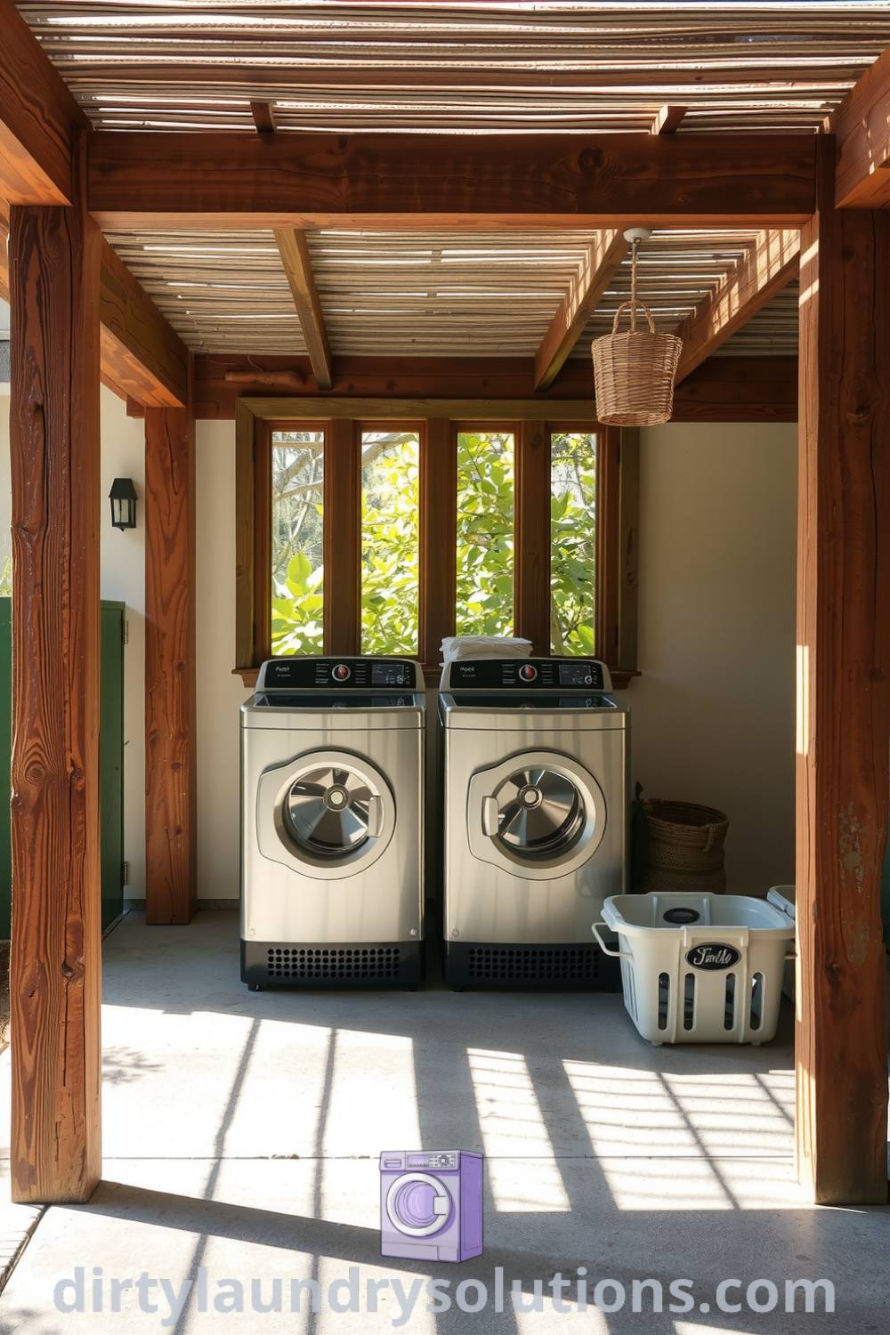 Cozy laundry nook under a carport with weathered wooden beams, a dryer, and metal washers illuminated by sunlight, showcasing practical organization ideas and rustic charm. Explore unique ideas for your home at dirtylaundrysolutions.com.
