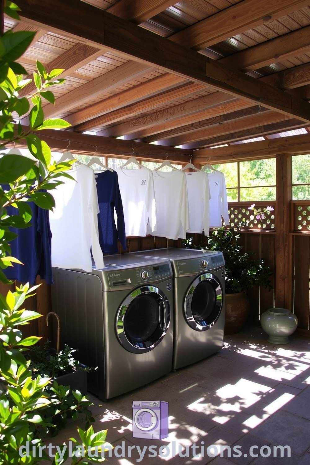 Cozy covered patio laundry featuring rustic wood beams, stone floor, sleek washers, and hung clothes, providing a serene atmosphere for laundry chores. Explore inspiring ideas for your home at dirtylaundrysolutions.com.