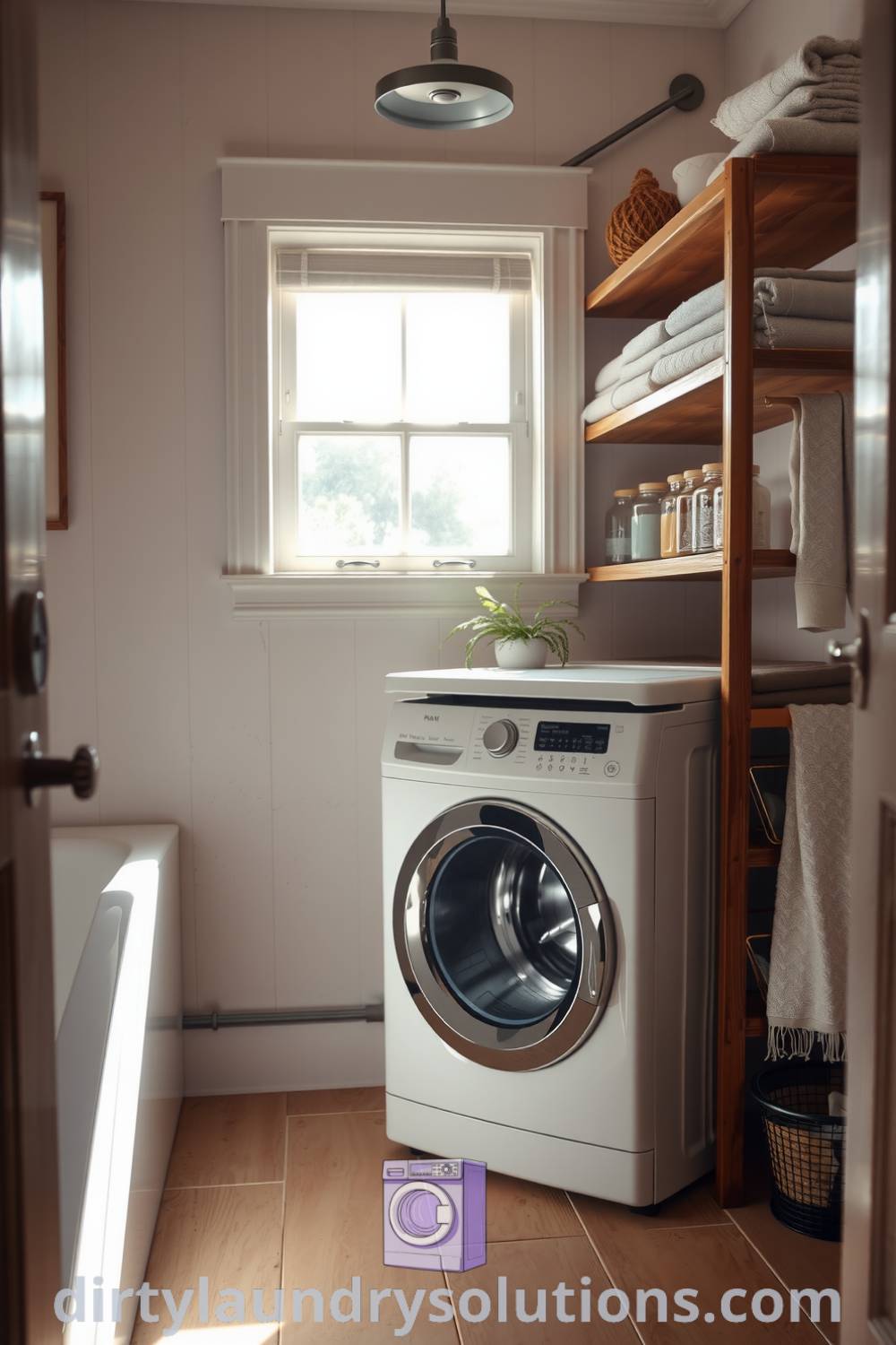 Cozy bathroom laundry with weathered tiles, sleek washer and dryer, soft light, and organized shelving, creating an inviting atmosphere perfect for small spaces. Discover unique ideas for your home at dirtylaundrysolutions.com.