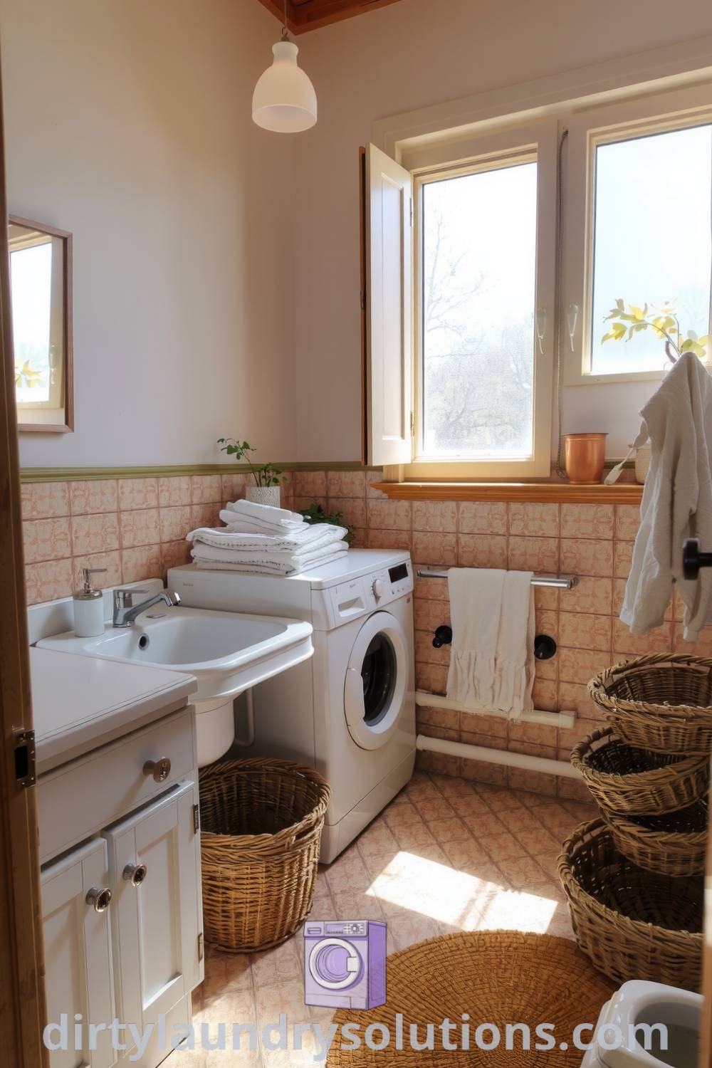 Cozy bathroom laundry space featuring soft, muted tones, vintage-style sink, neatly stacked towels, and natural wood accents, creating an inviting atmosphere perfect for small homes. Discover unique ideas for your home at dirtylaundrysolutions.com.