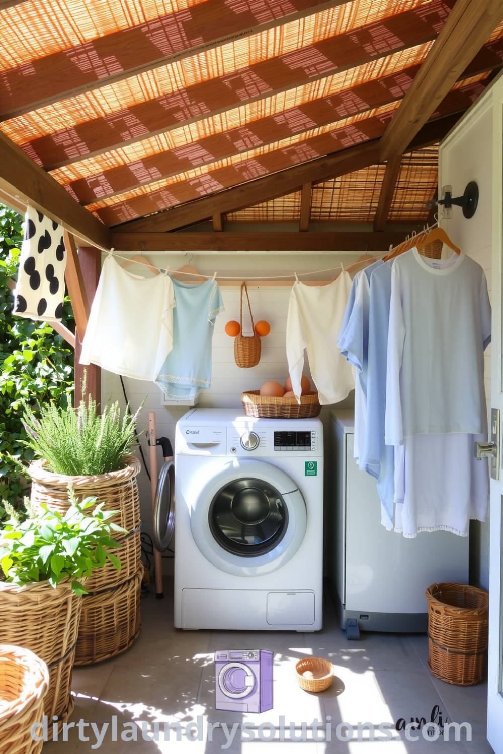 Cozy covered patio laundry area featuring soft wicker baskets, well-used washing machine, sunlight filtering through lattice, and herbs, creating an inviting and charming atmosphere for home organization. Explore more inspiring ideas for your home at dirtylaundrysolutions.com.
