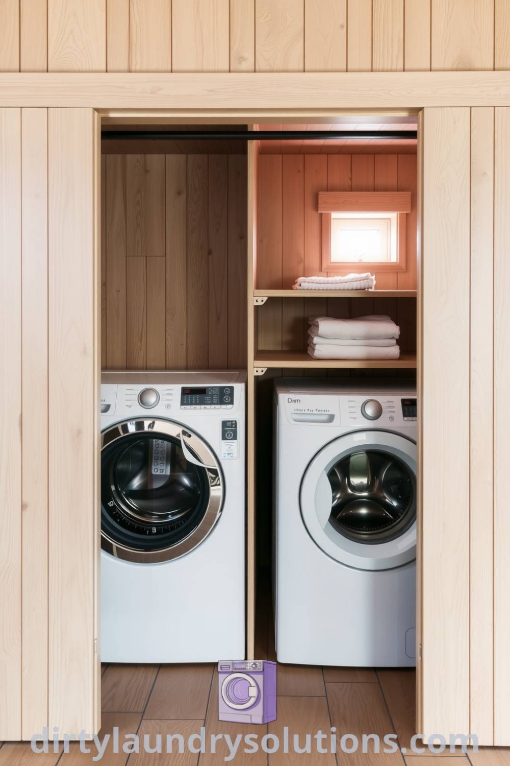 Cozy laundry nook featuring soft wood tones, a sleek washer and dryer behind a sliding door, and minimalistic shelves with neatly folded linens. This inspiring design offers unique ideas for small spaces and is a perfect solution for busy homes. Discover more ideas you