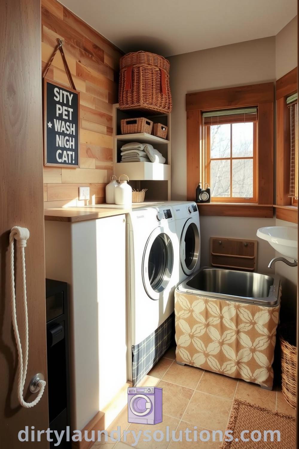 Cozy Pet Wash Station with smooth stone and wood accents, stainless steel basin for washing pets, and woven baskets for organizing supplies, creating a charming and functional space for busy homes. Explore more cozy ideas for your home at dirtylaundrysolutions.com.