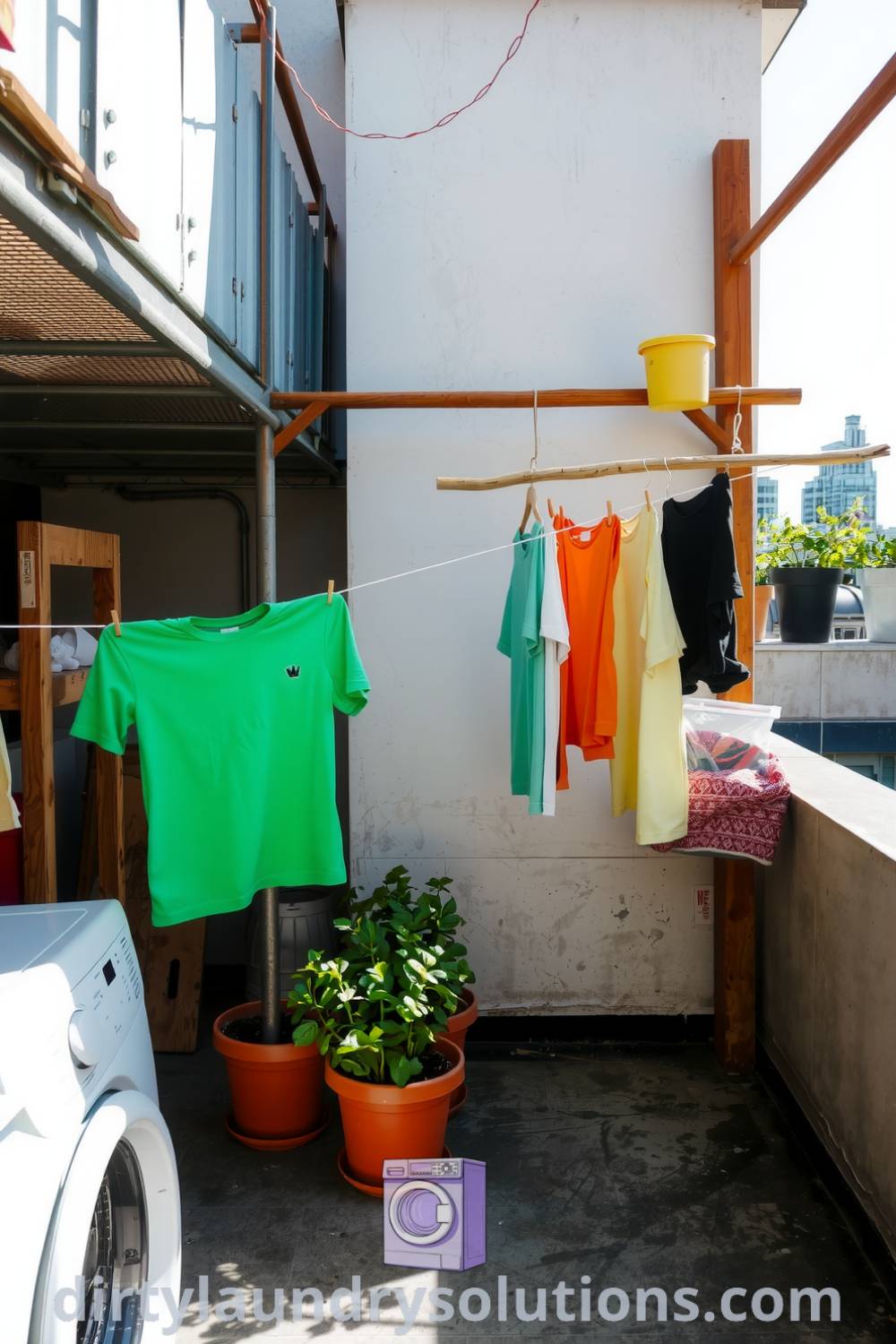 Rooftop laundry area with weathered concrete tiles, metal and wooden drying racks, colorful garments dancing in sunlight, and potted herbs, creating a cozy and inspiring space for urban living. Explore unique ideas for your home at dirtylaundrysolutions.com.