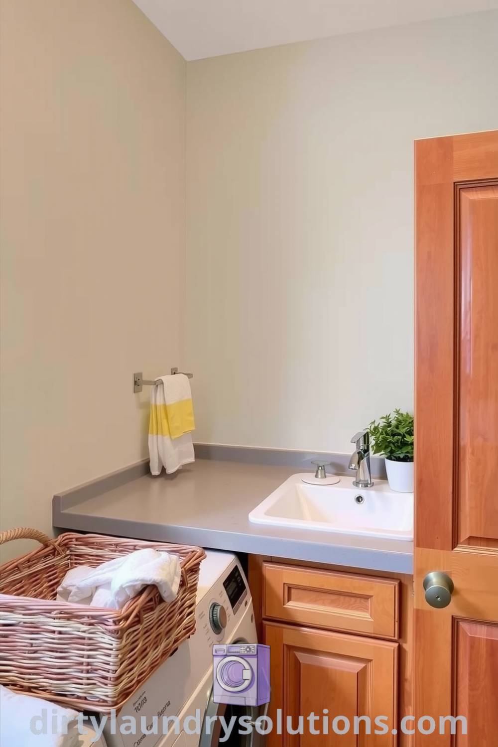 Cozy bathroom laundry featuring warm lighting, natural wood cabinetry, neatly folded towels in a wicker basket, and a potted plant, creating a serene and inviting atmosphere. Discover more inspiring ideas that you must try at dirtylaundrysolutions.com.
