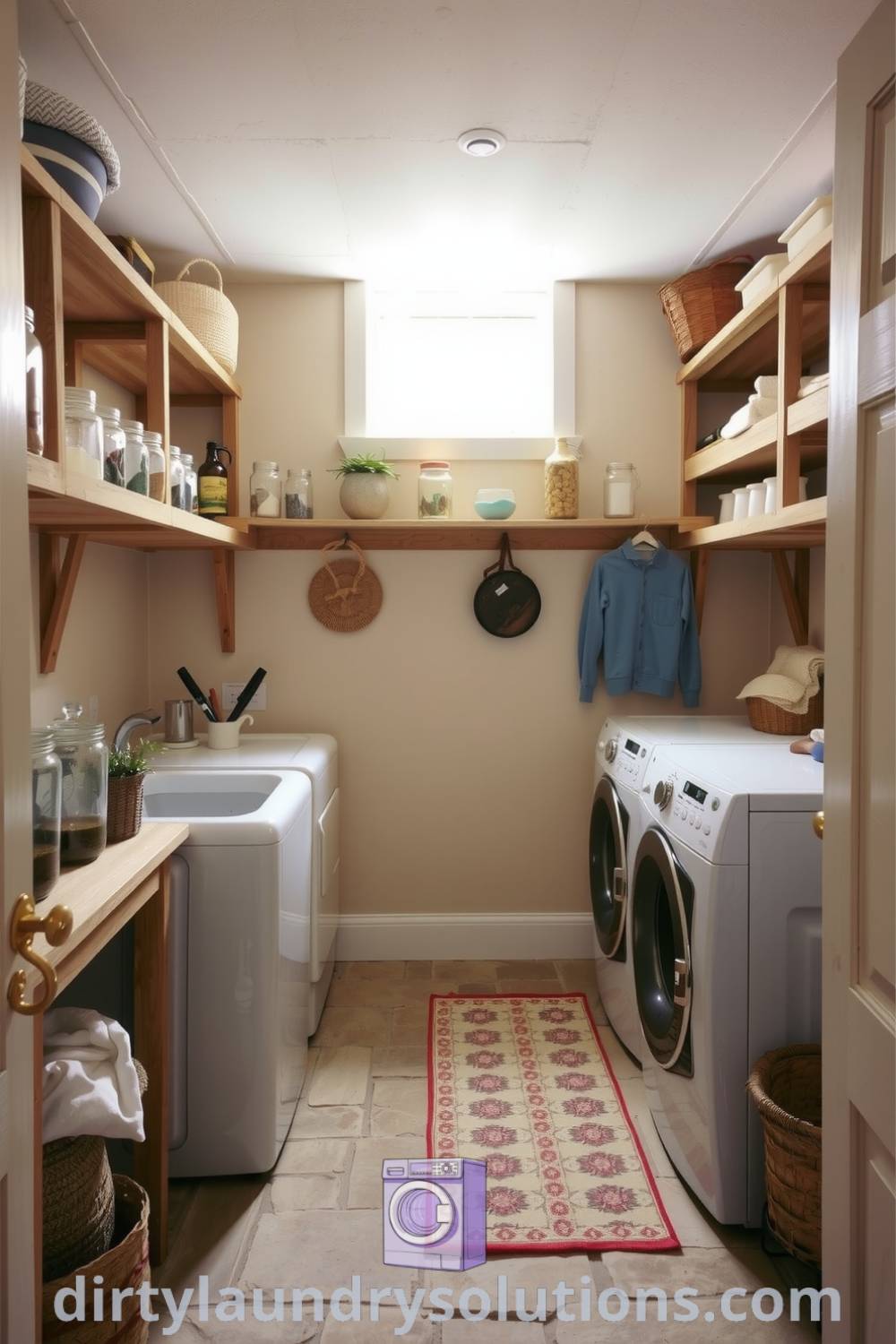 Cozy coastal basement laundry with weathered wooden shelves, neatly arranged jars, and soft sandy hues, exuding a serene and inviting atmosphere for practical home organization. Discover more inspiring ideas for your home at dirtylaundrysolutions.com.