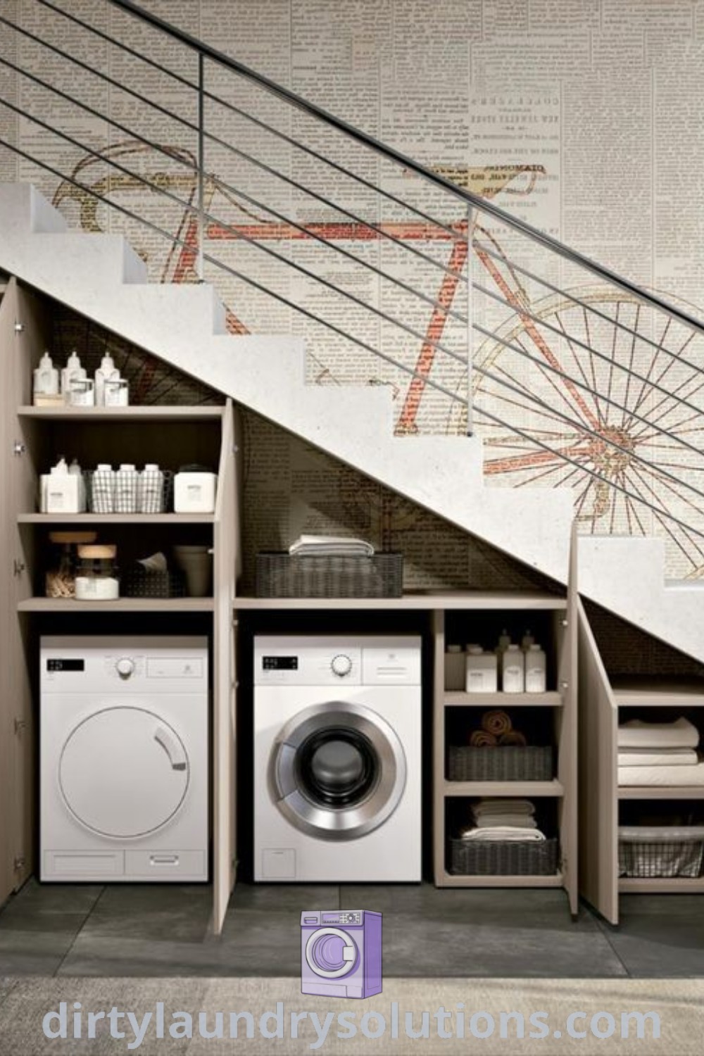 A modern laundry room under the stairs with a washer and dryer, showcasing space optimization and organization ideas. Explore more unique solutions for your home at dirtylaundrysolutions.com.