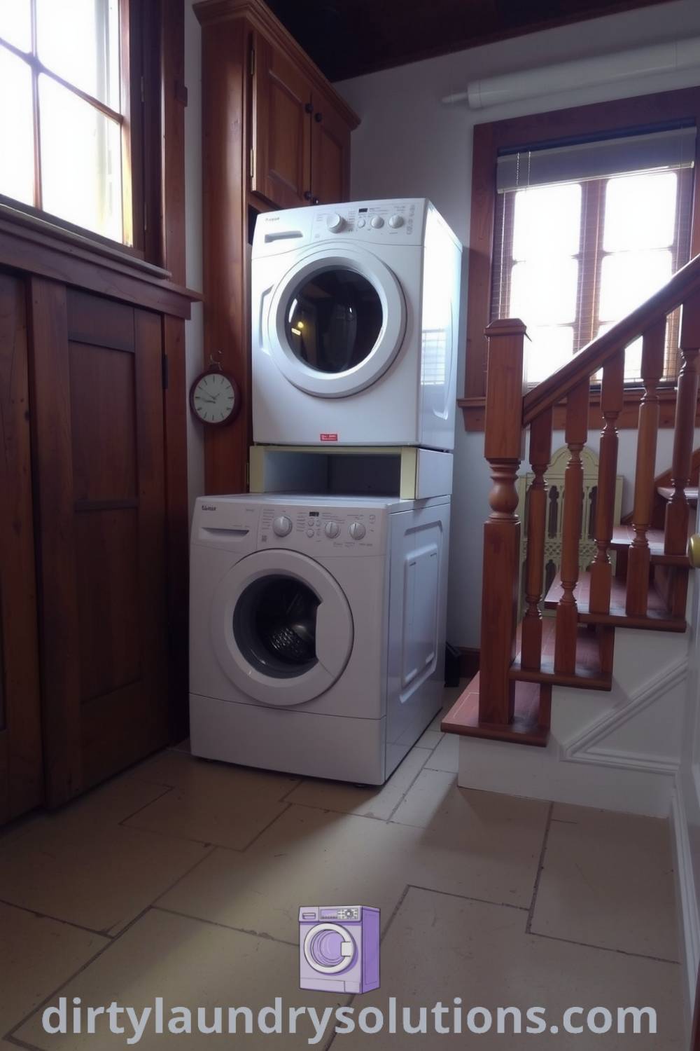 Cozy laundry room featuring stacked washer and dryer against rustic wooden cabinetry, soft lighting, and aged tile floor, creating an inviting atmosphere for home organization. Discover more cozy ideas for your home at dirtylaundrysolutions.com.