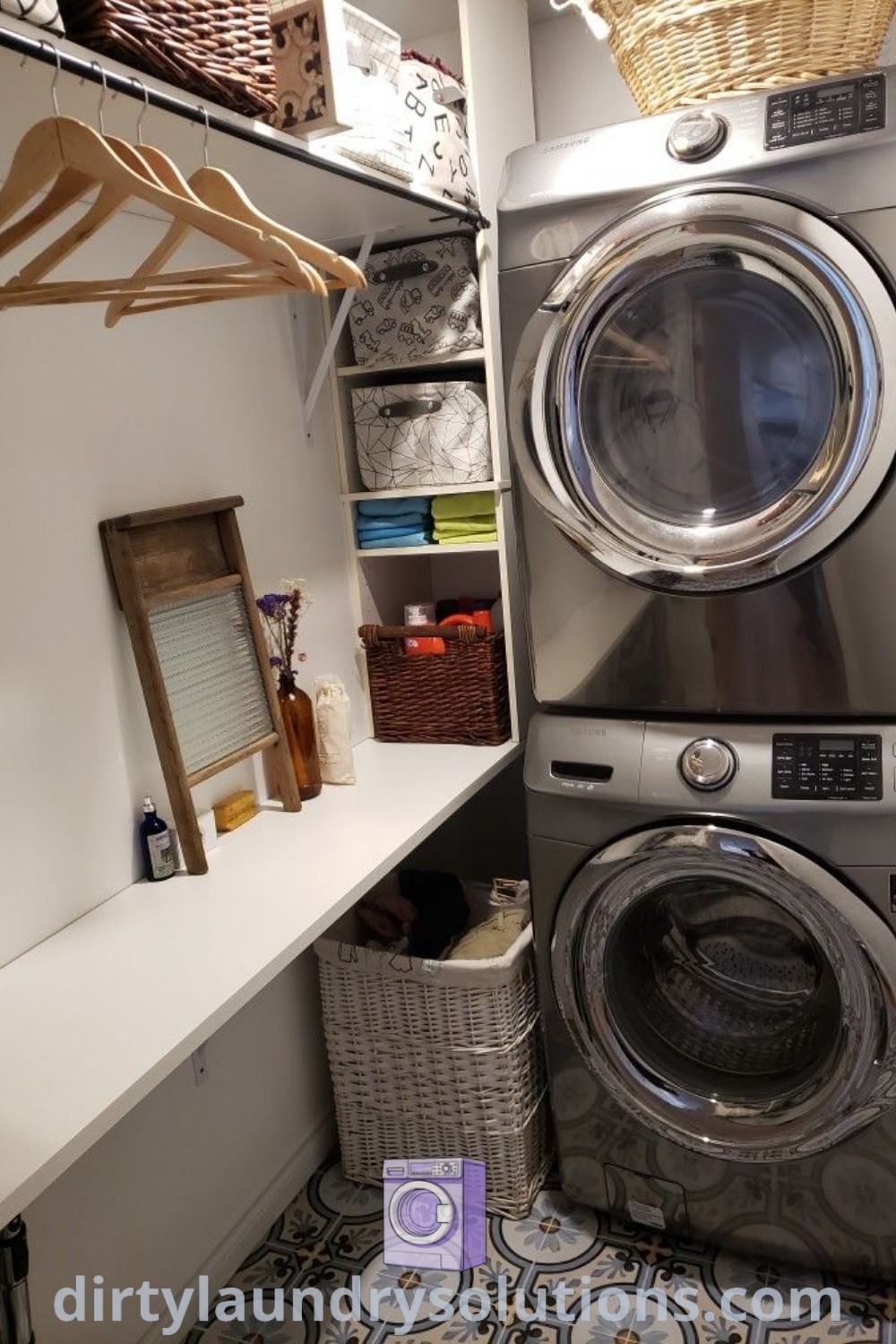A stylish laundry room featuring a washer and dryer next to a shelf with baskets, highlighting elegant organization ideas and cozy aesthetics. Discover more inspiring laundry room designs and tips at dirtylaundrysolutions.com.