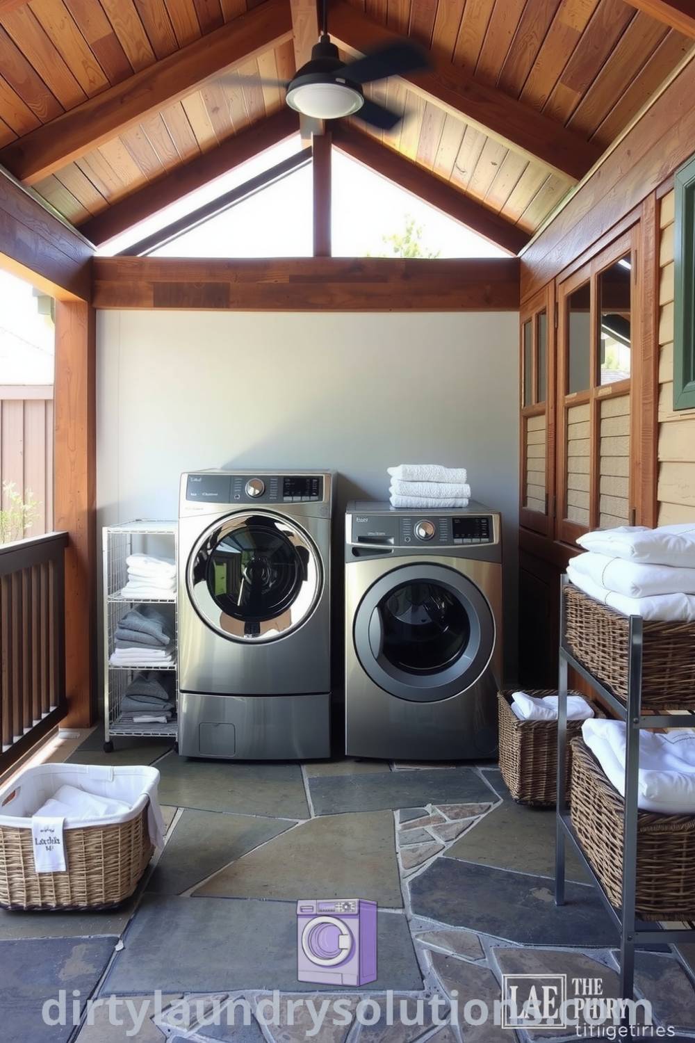 Cozy patio laundry area with weathered stone flooring, sleek metal dryer, stacked washers, and neatly arranged baskets of freshly folded clothes, creating a practical and inviting atmosphere. Find inspiring ideas for your home at dirtylaundrysolutions.com.