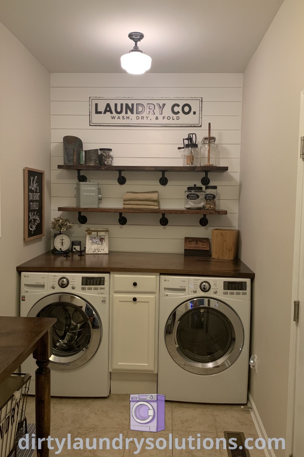 A clean laundry room with front-loading washers, showcasing delightful organization ideas and cozy decor elements. Discover unique laundry room makeover inspirations and functional solutions at dirtylaundrysolutions.com.