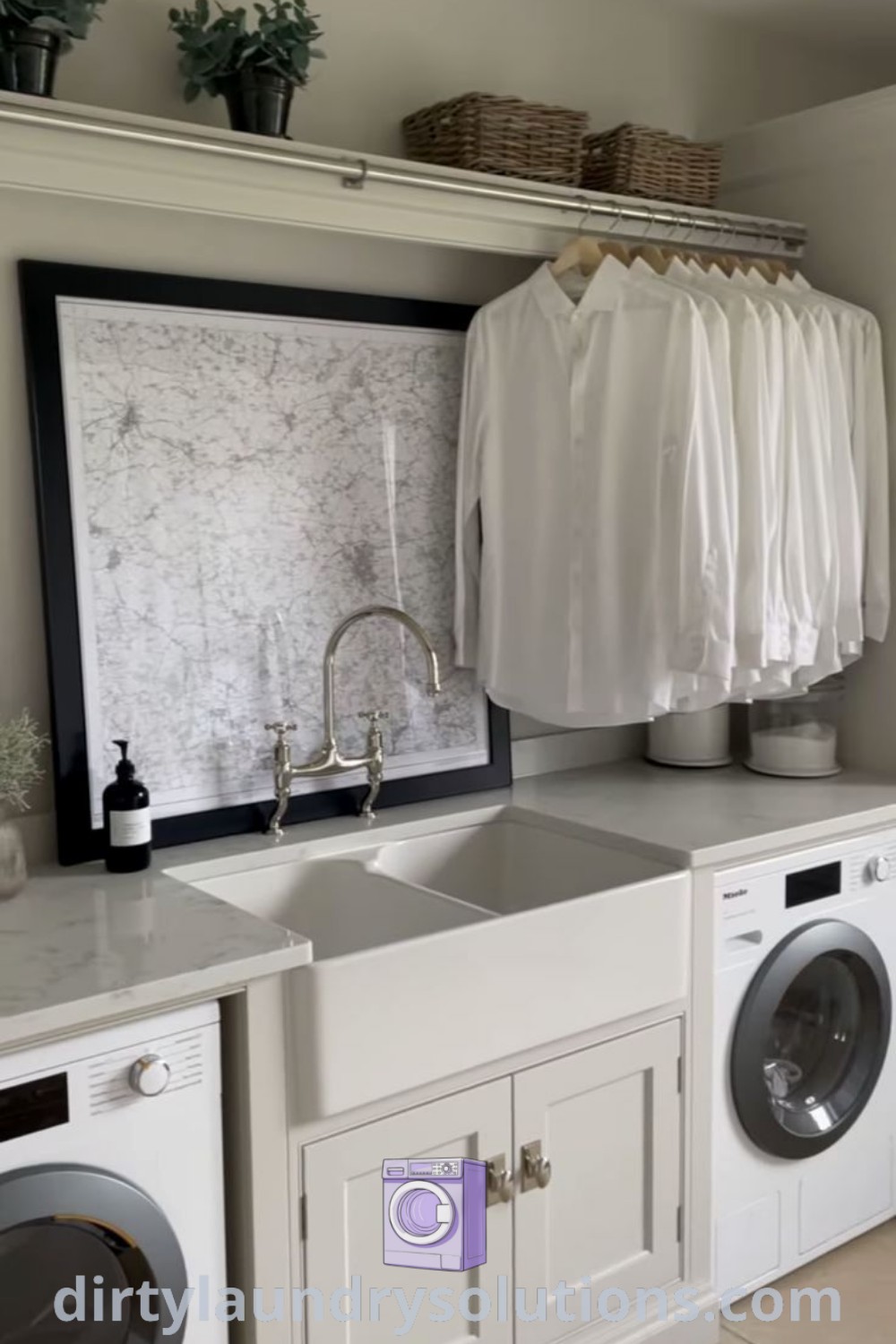 A functional laundry room featuring a washer and dryer with clothes hanging on a stylish rack, exemplifying modern laundry design ideas and organization solutions for busy homes. Discover more inspirations for your laundry room at dirtylaundrysolutions.com.