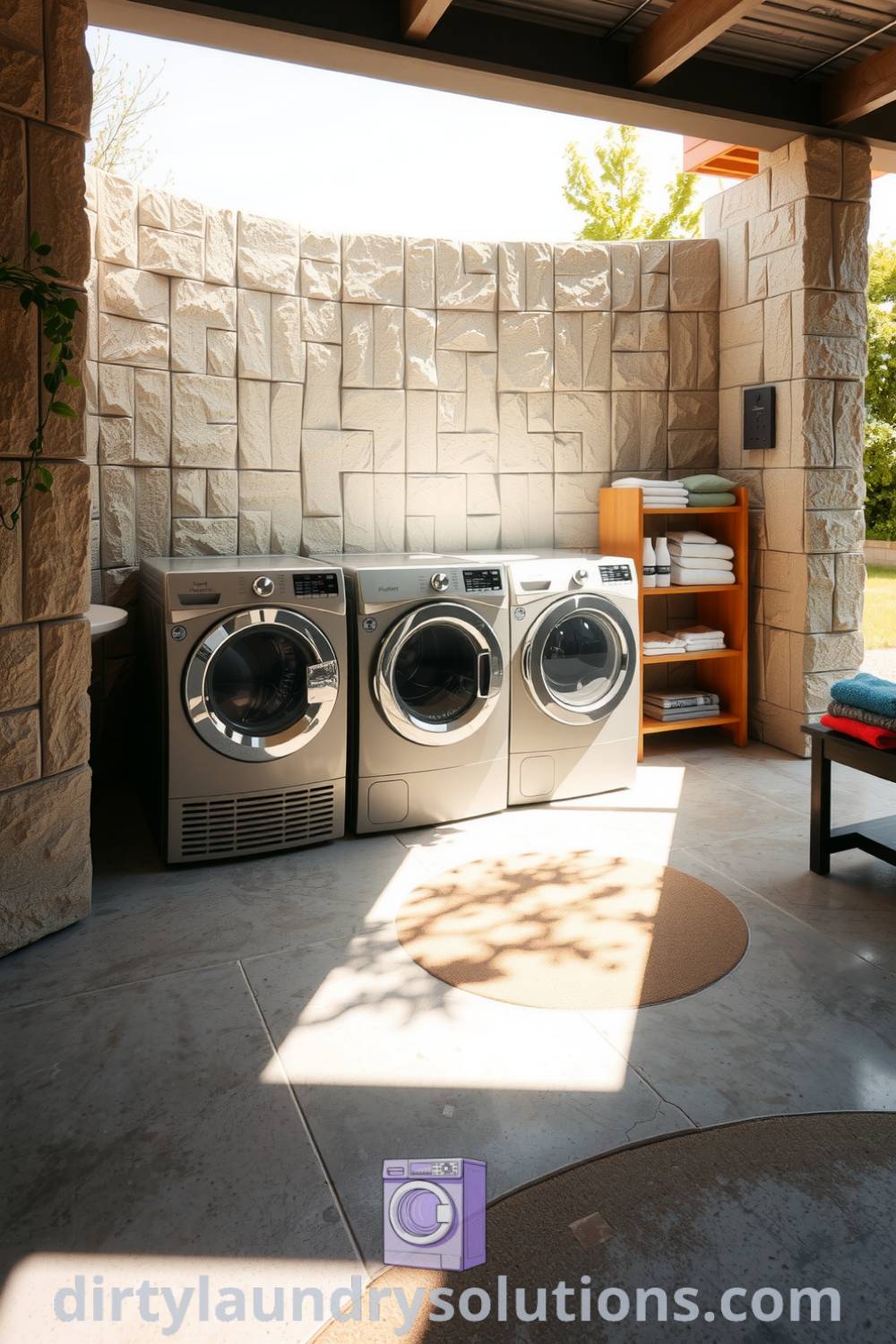 Cozy under-carport laundry with metal washers, textured stone wall, polished concrete floor, and a wooden shelf for organized supplies, creating a practical yet inviting space for busy homes. Discover more cozy ideas for your home at dirtylaundrysolutions.com.