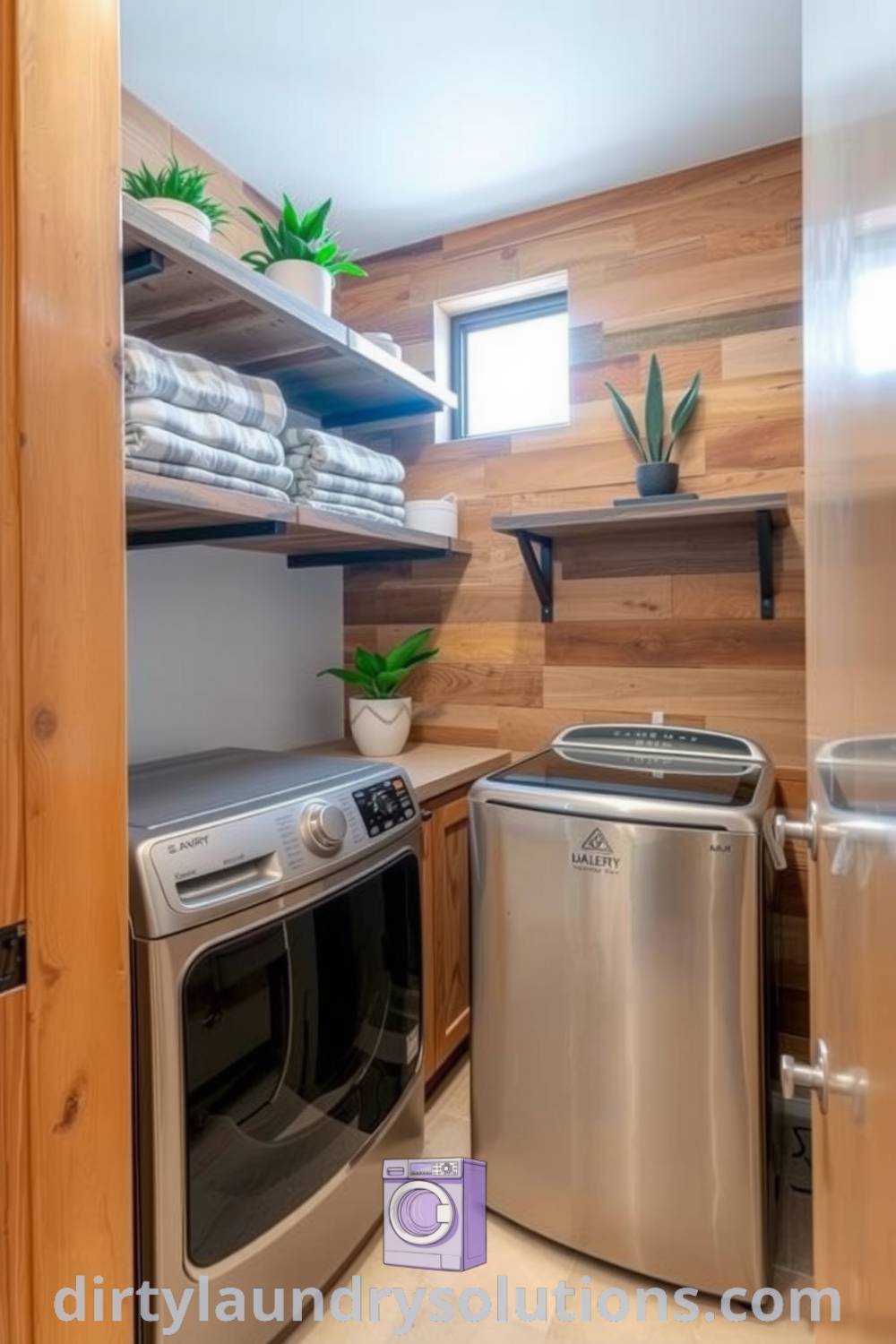 Modern laundry room featuring sleek metal appliances, rustic wood accents, organized shelves with linens and plants, and abundant natural light, creating a cozy and inviting atmosphere. Explore more design ideas for your home at dirtylaundrysolutions.com.
