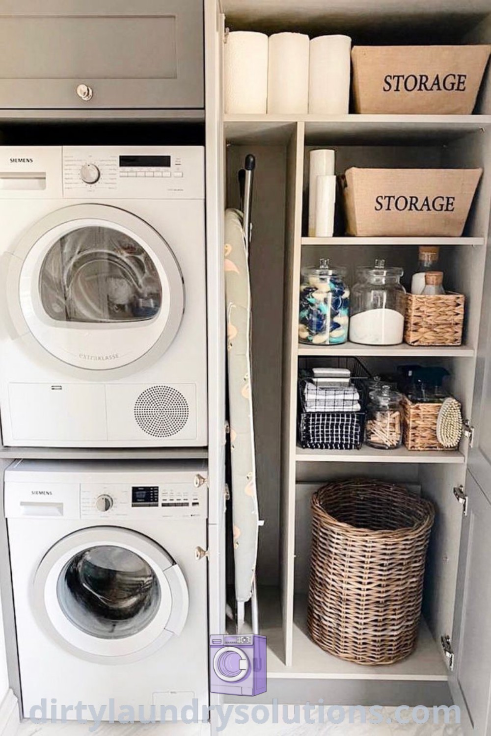 A washer and dryer sitting inside a closet next to each other, showcasing a practical stacked laundry design. Discover utility room ideas and inspirations for small spaces at dirtylaundrysolutions.com.