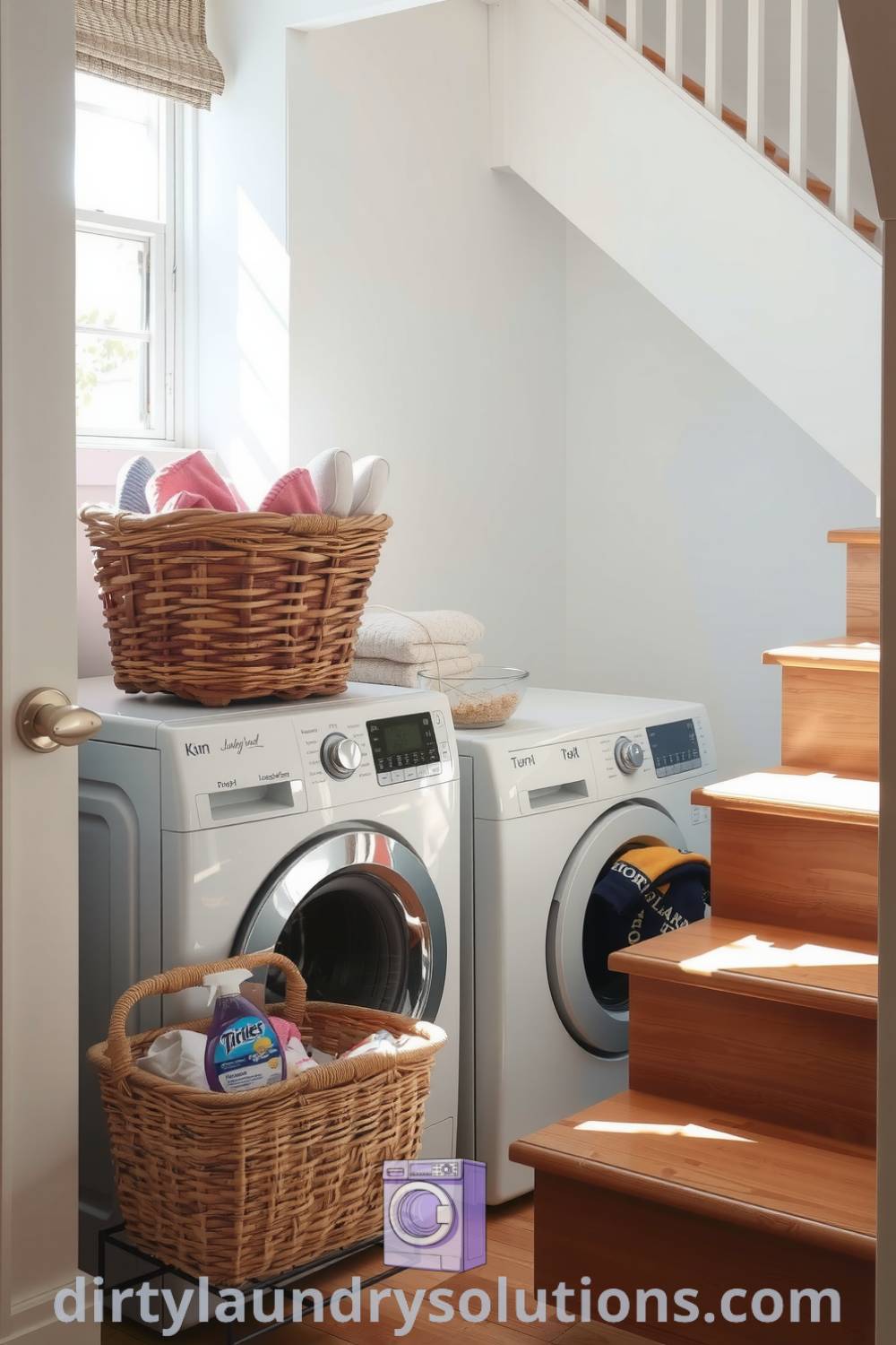 Cozy laundry nook featuring a classic white washer and dryer, a colorful woven basket filled with clothes, and sunlight streaming through a window, creating an inviting atmosphere for busy homes. Explore design ideas and inspirations at dirtylaundrysolutions.com.
